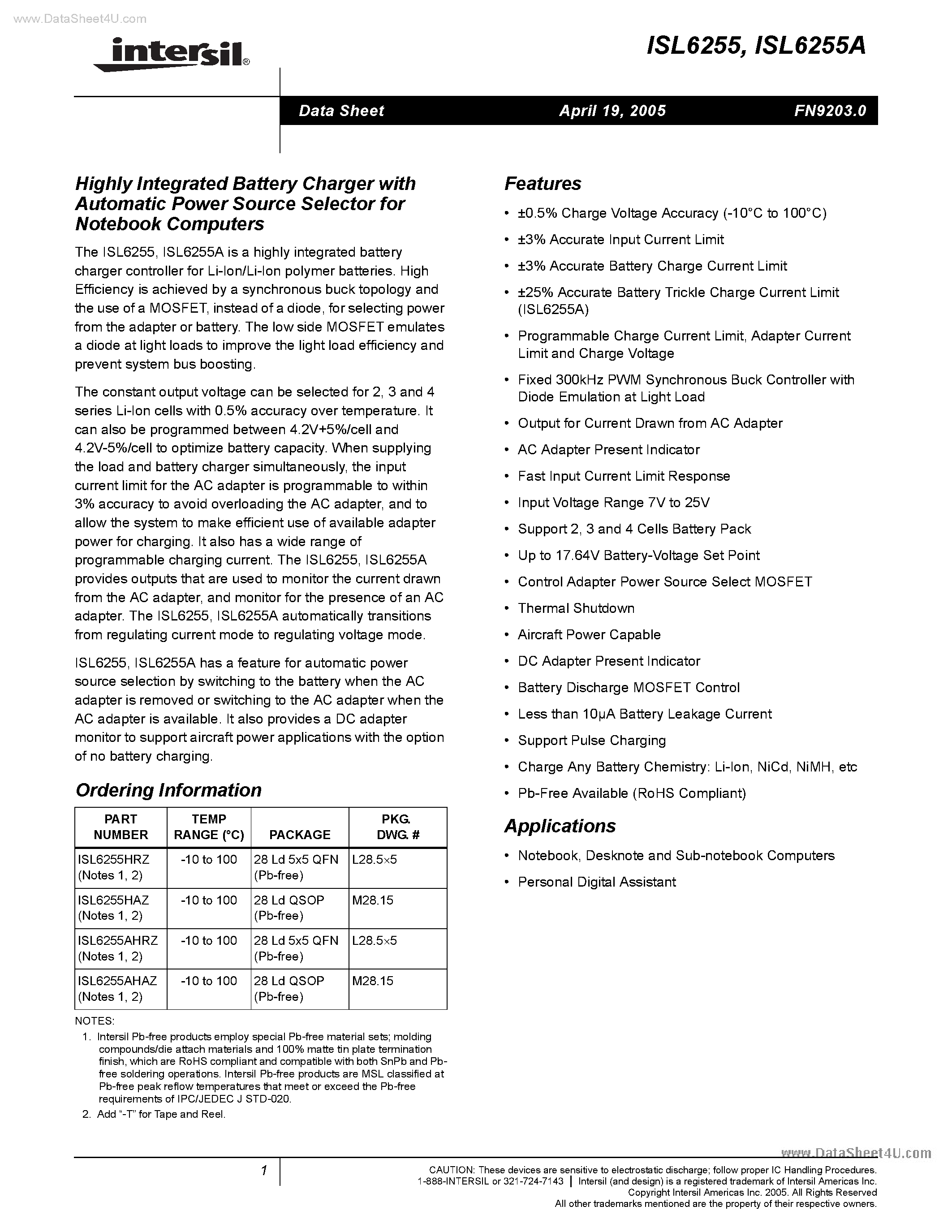 Datasheet ISL6255 page 1 Datasheet ISL6255 - Highly Integrated Battery Charger page 1