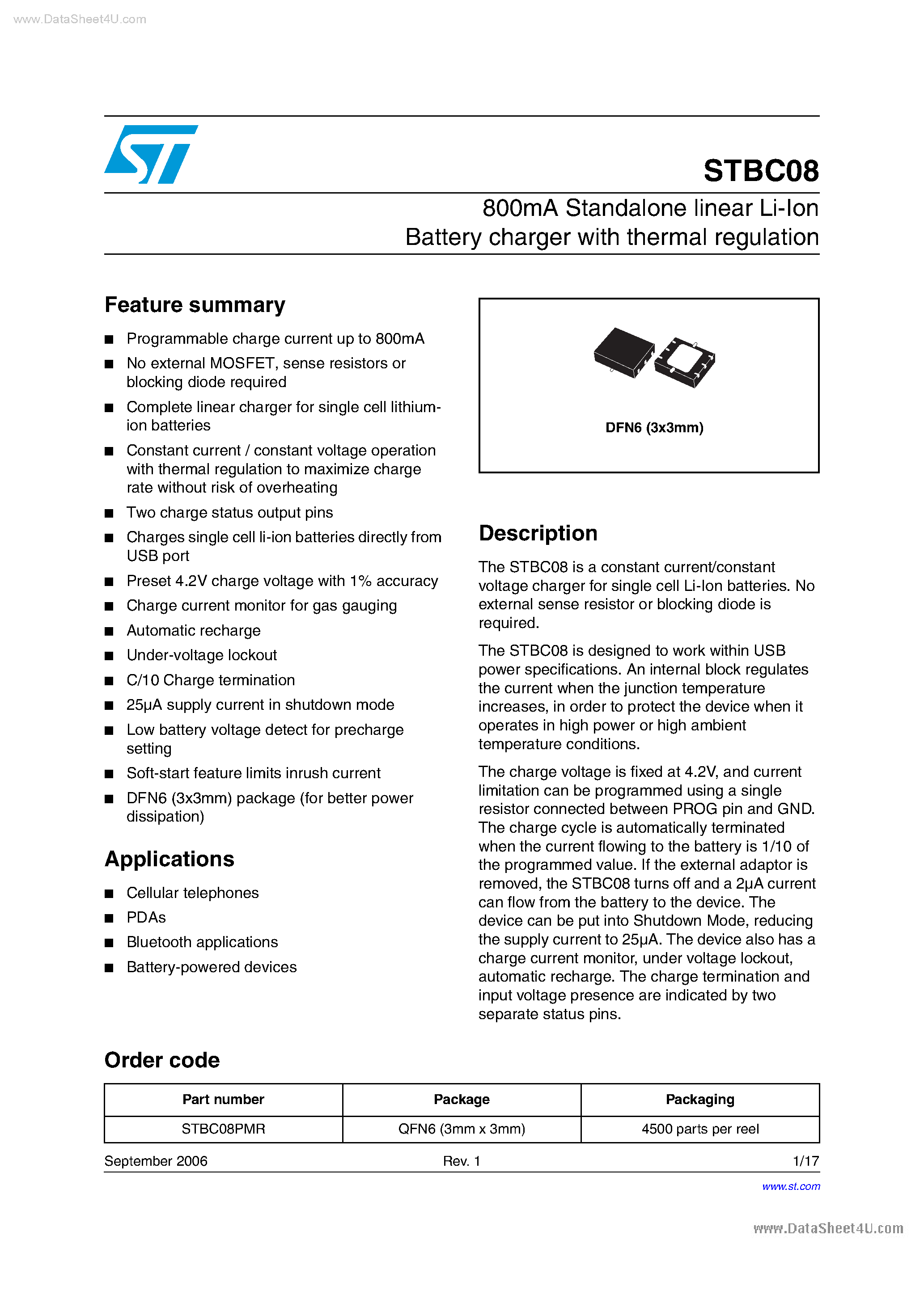 Datasheet STBC08 - Standalone Linear Li-Ion Battery Charger page 1