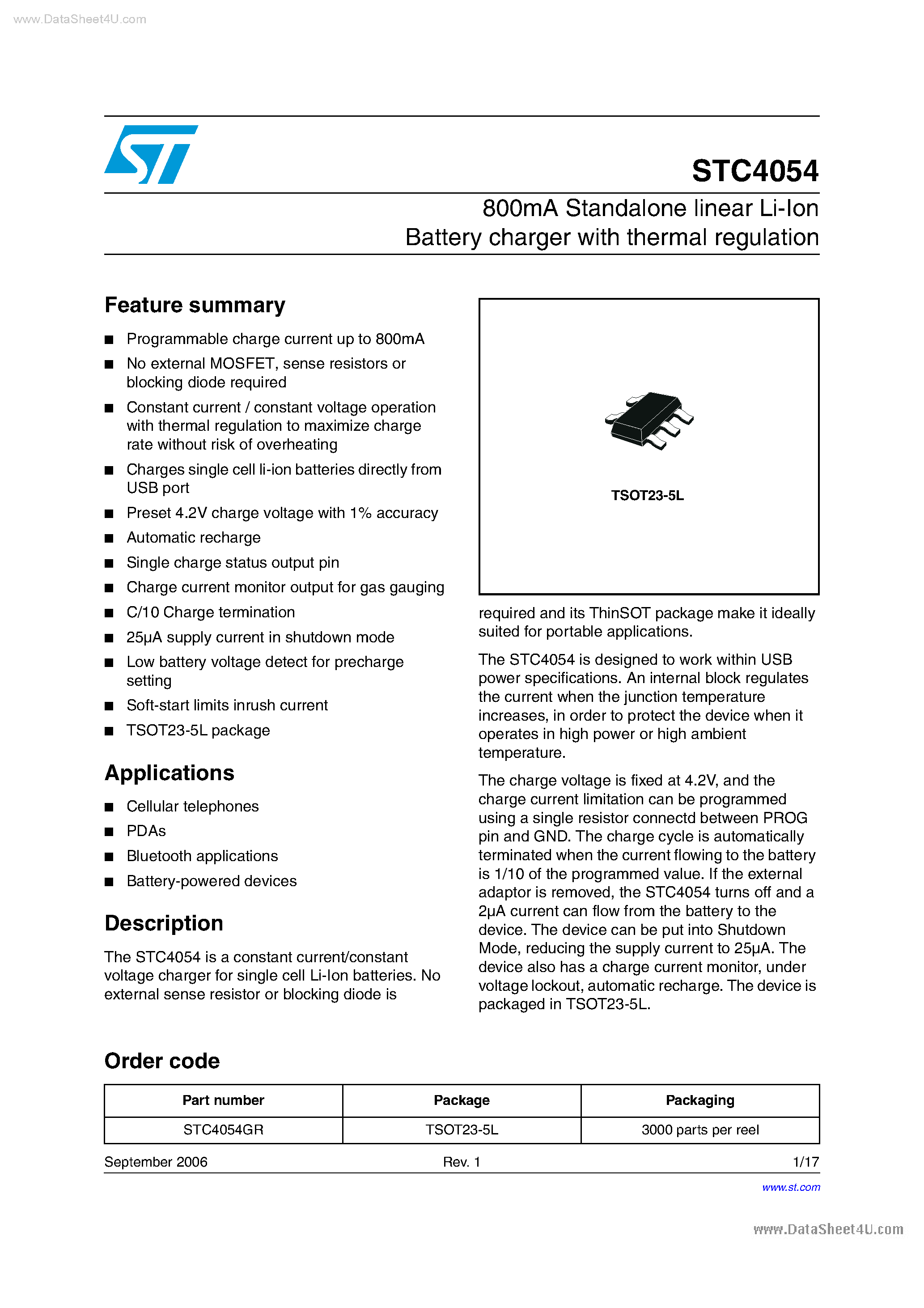 Datasheet STC4054 - Standalone Linear Li-Ion Battery Charger page 1