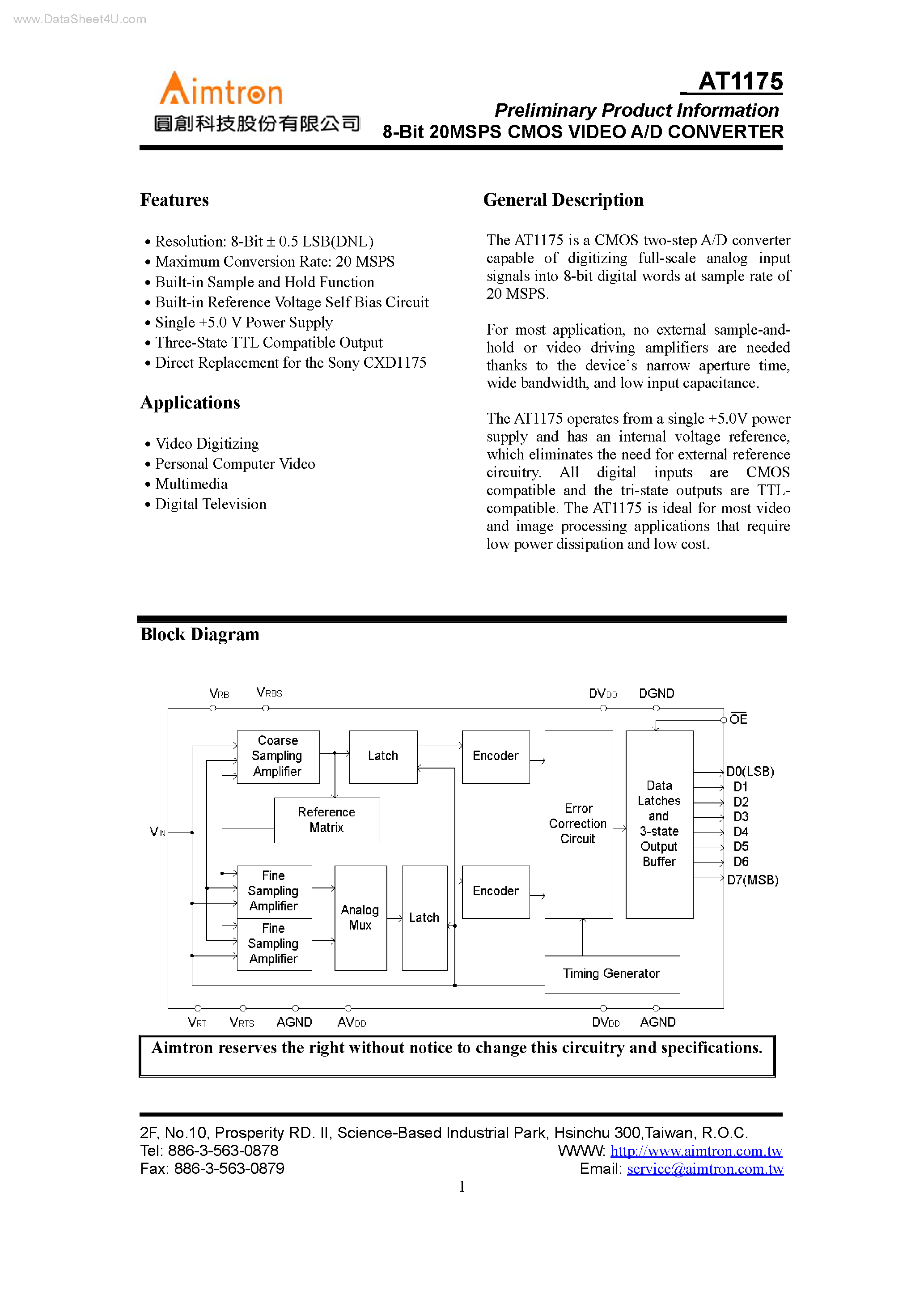 Даташит AT1175 - 8-BIT 20MSPS CMOS VIDEO A/D CONVERTER страница 1