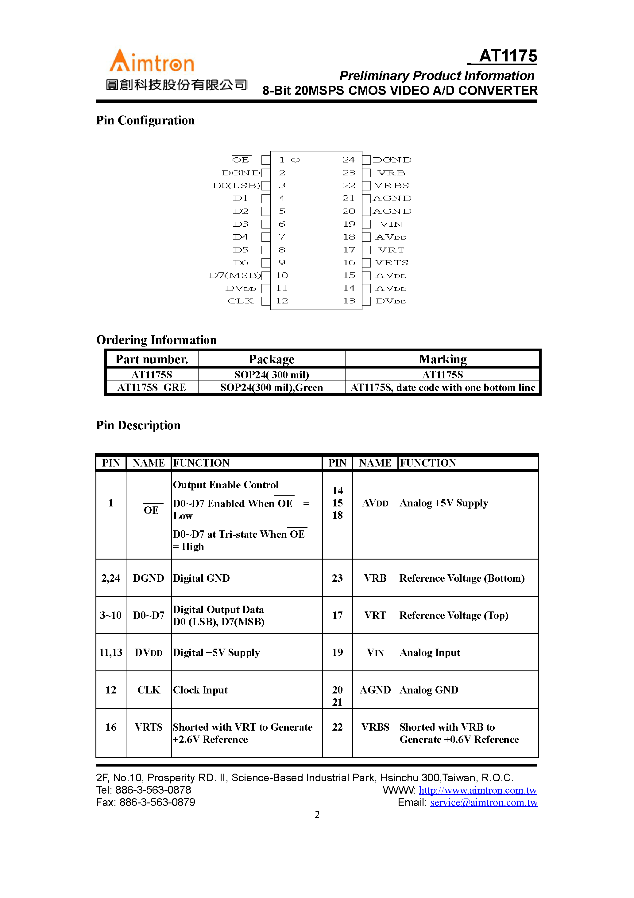 Даташит AT1175 - 8-BIT 20MSPS CMOS VIDEO A/D CONVERTER страница 2