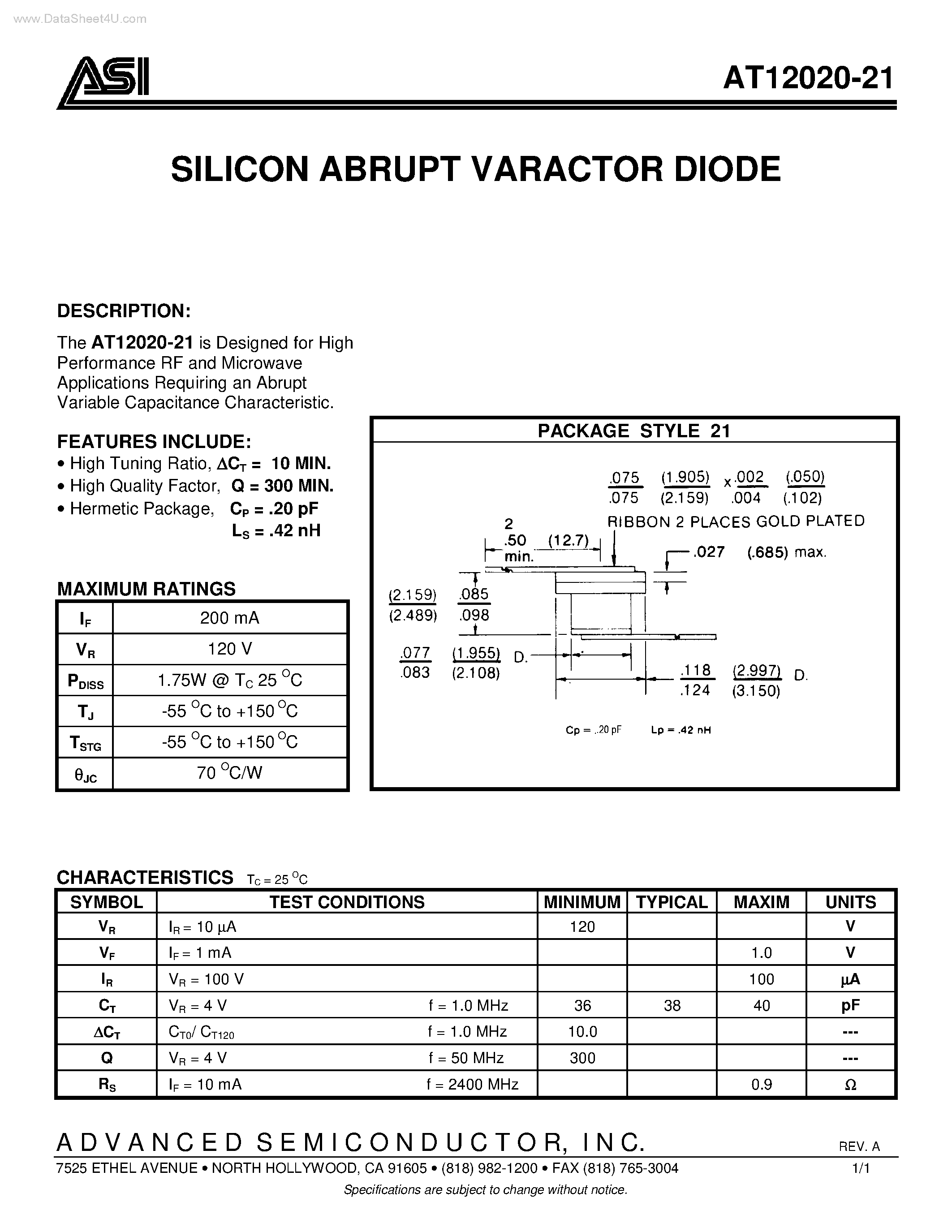 Datasheet AT12020-21 page 1 Datasheet AT12020-21 - SILICON ABRUPT VARACTOR DIODE page 1