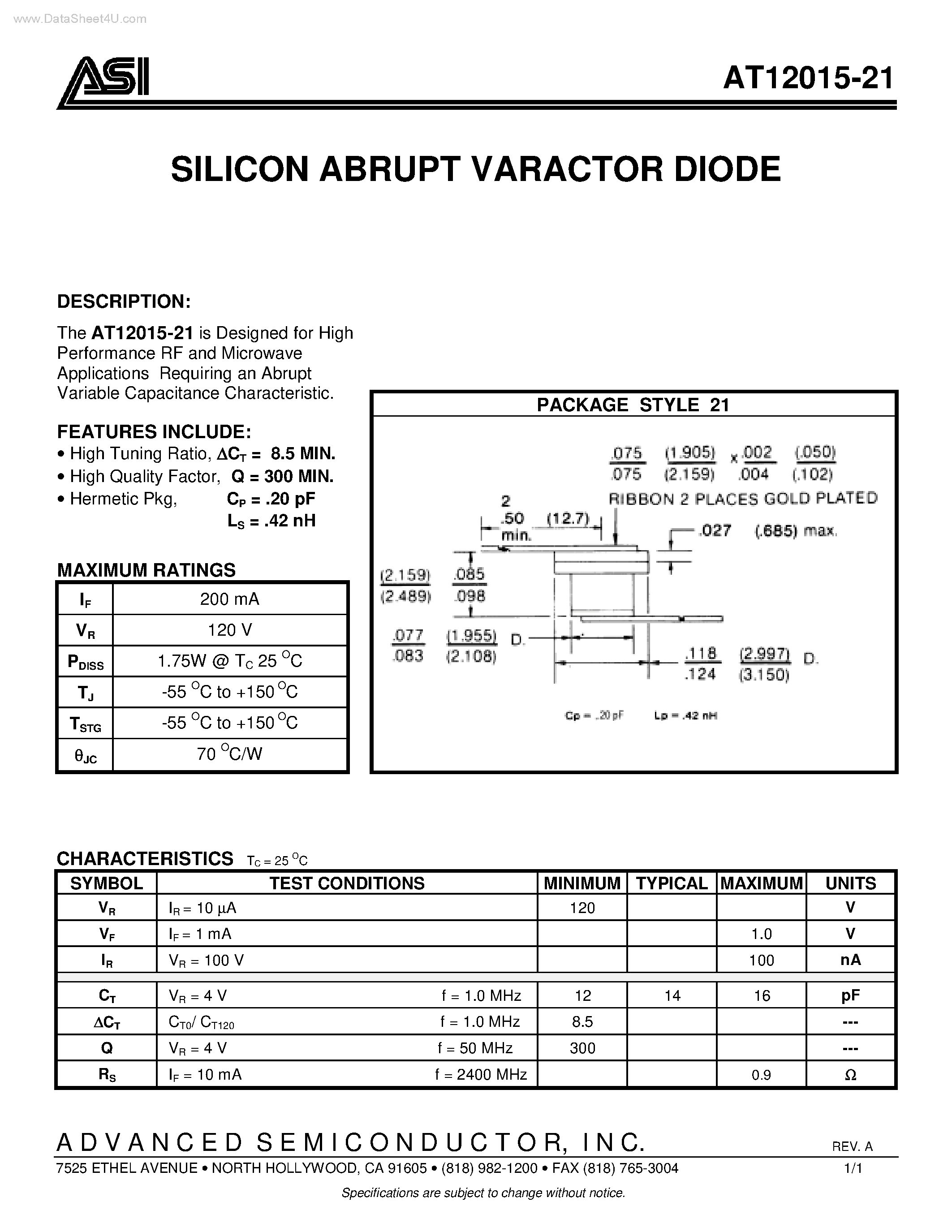 Datasheet AT12015-21 page 1 Datasheet AT12015-21 - SILICON ABRUPT VARACTOR DIODE page 1