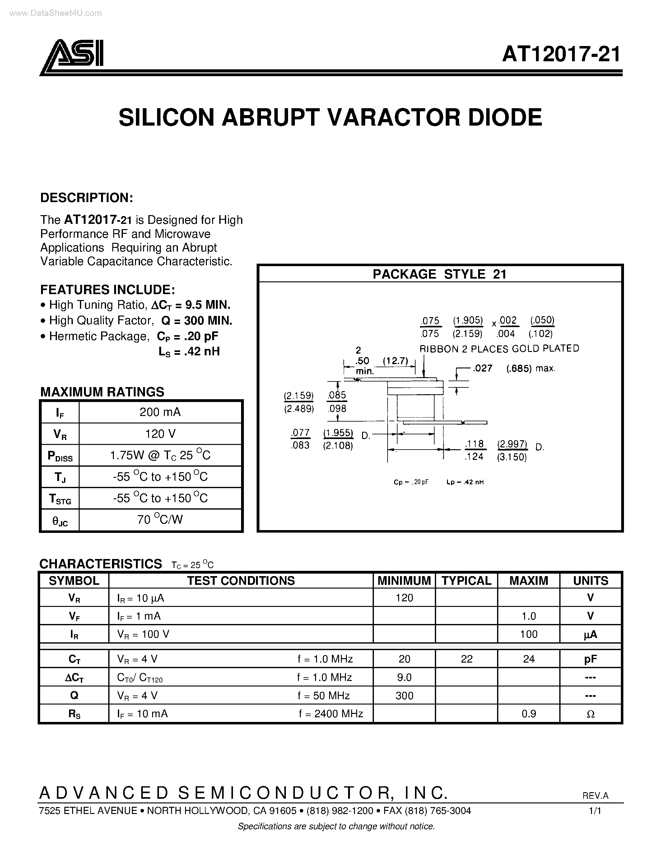 Datasheet AT12017-21 page 1 Datasheet AT12017-21 - SILICON ABRUPT VARACTOR DIODE page 1