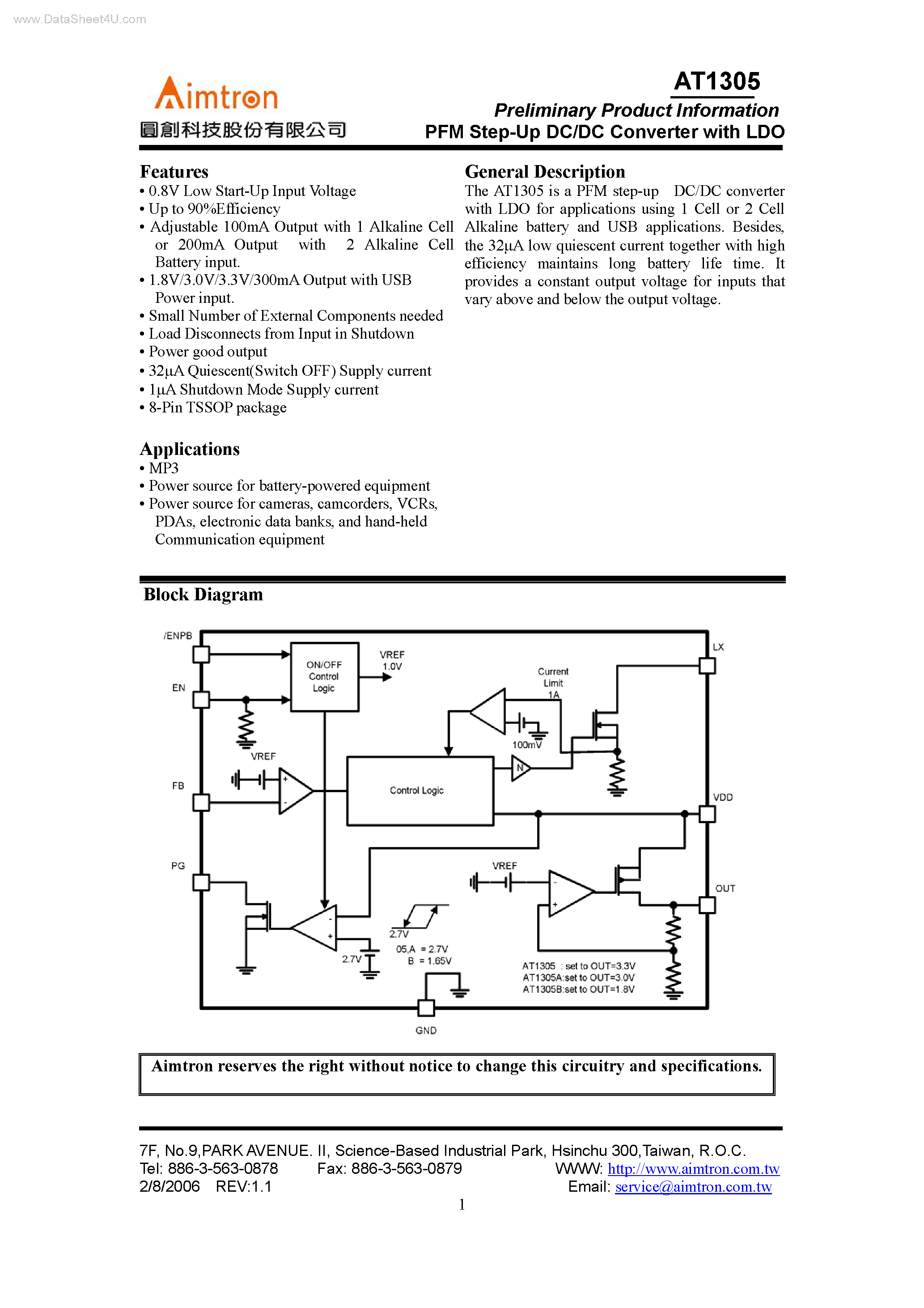 Даташит на микросхему AT1305 страница 1 Даташит AT1305 - PFM Step-Up DC/DC Converter страница 1