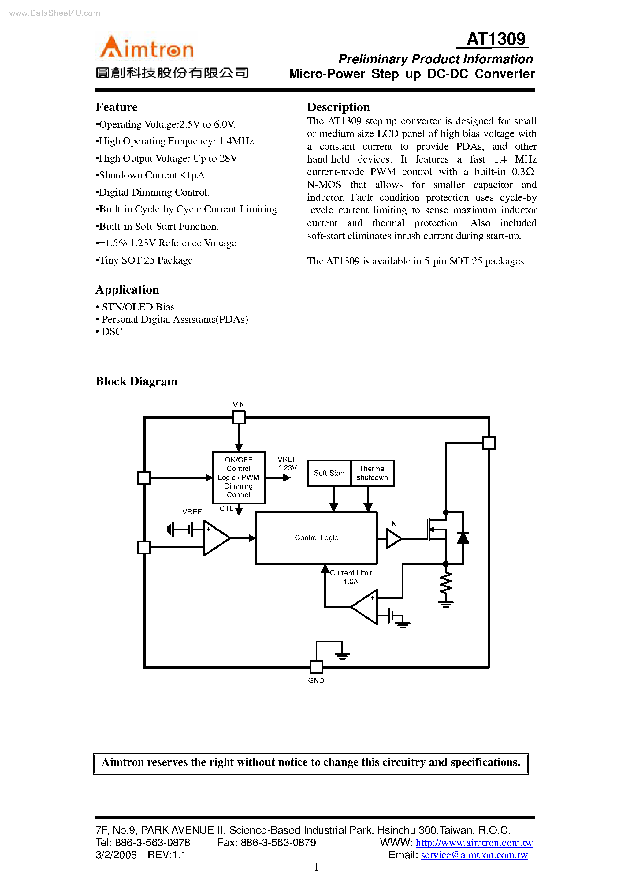 Даташит на микросхему AT1309 страница 1 Даташит AT1309 - Micro-Power Step up DC-DC Converter страница 1