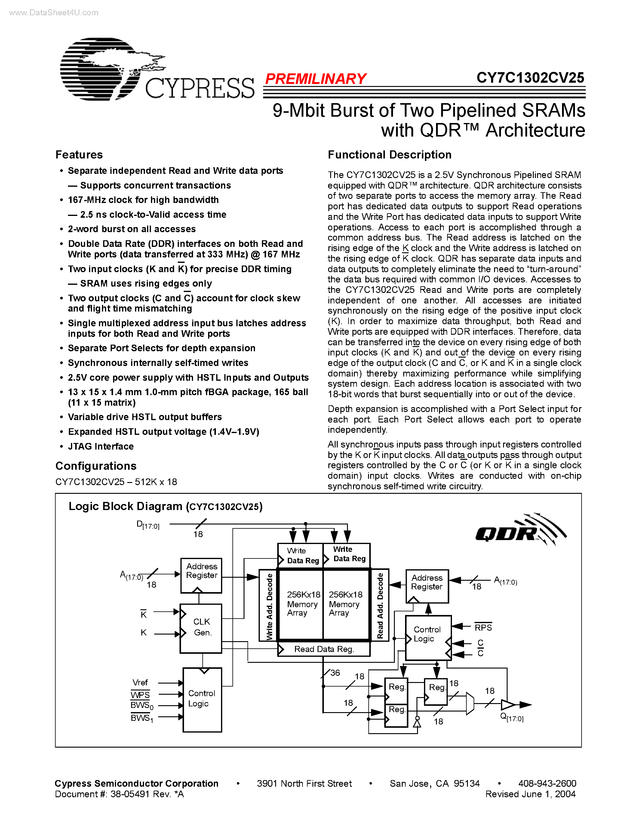 Даташит CY7C1302CV25 - 9-Mbit Burst of Two Pipelined SRAMs страница 1