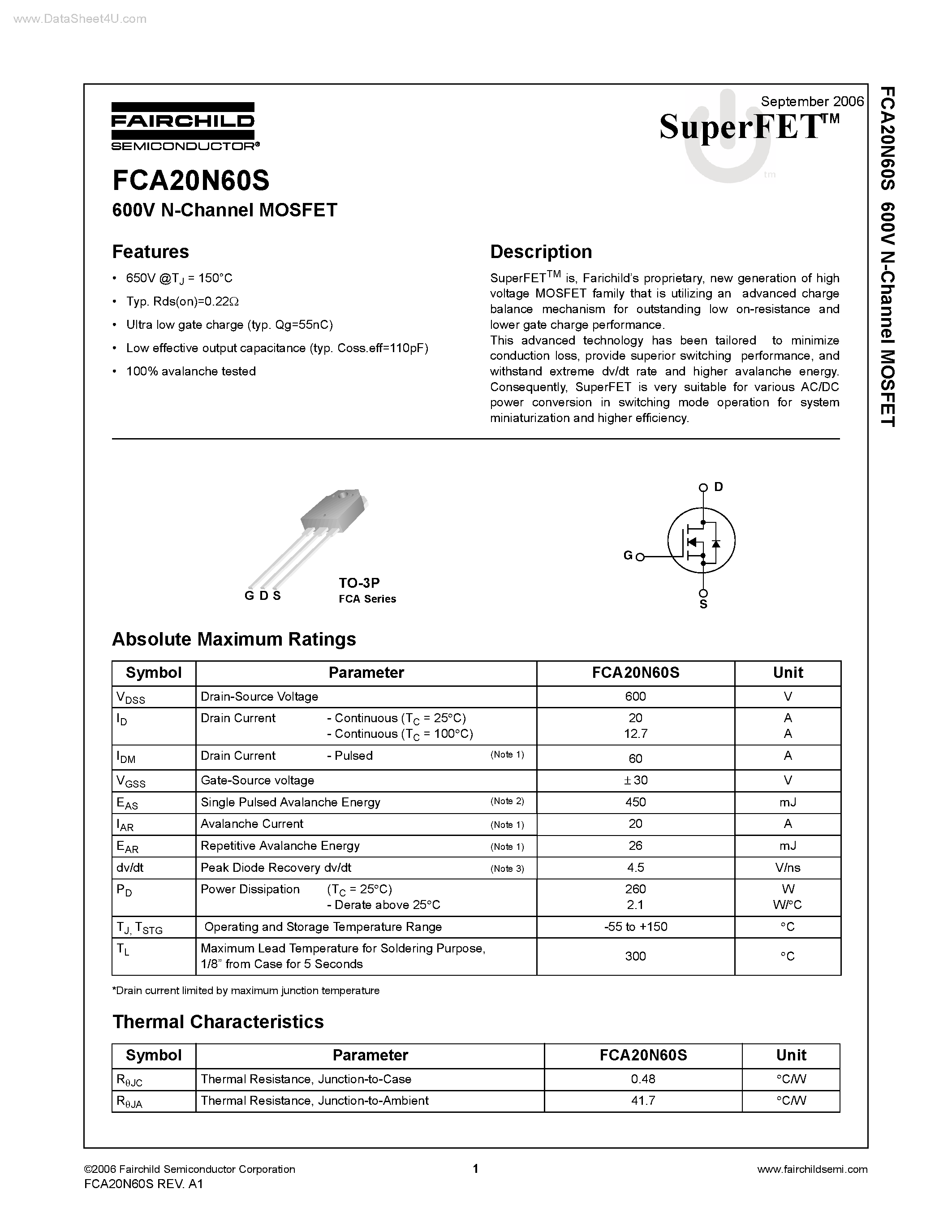 Datasheet FCA20N60S - N-Channel MOSFET page 1