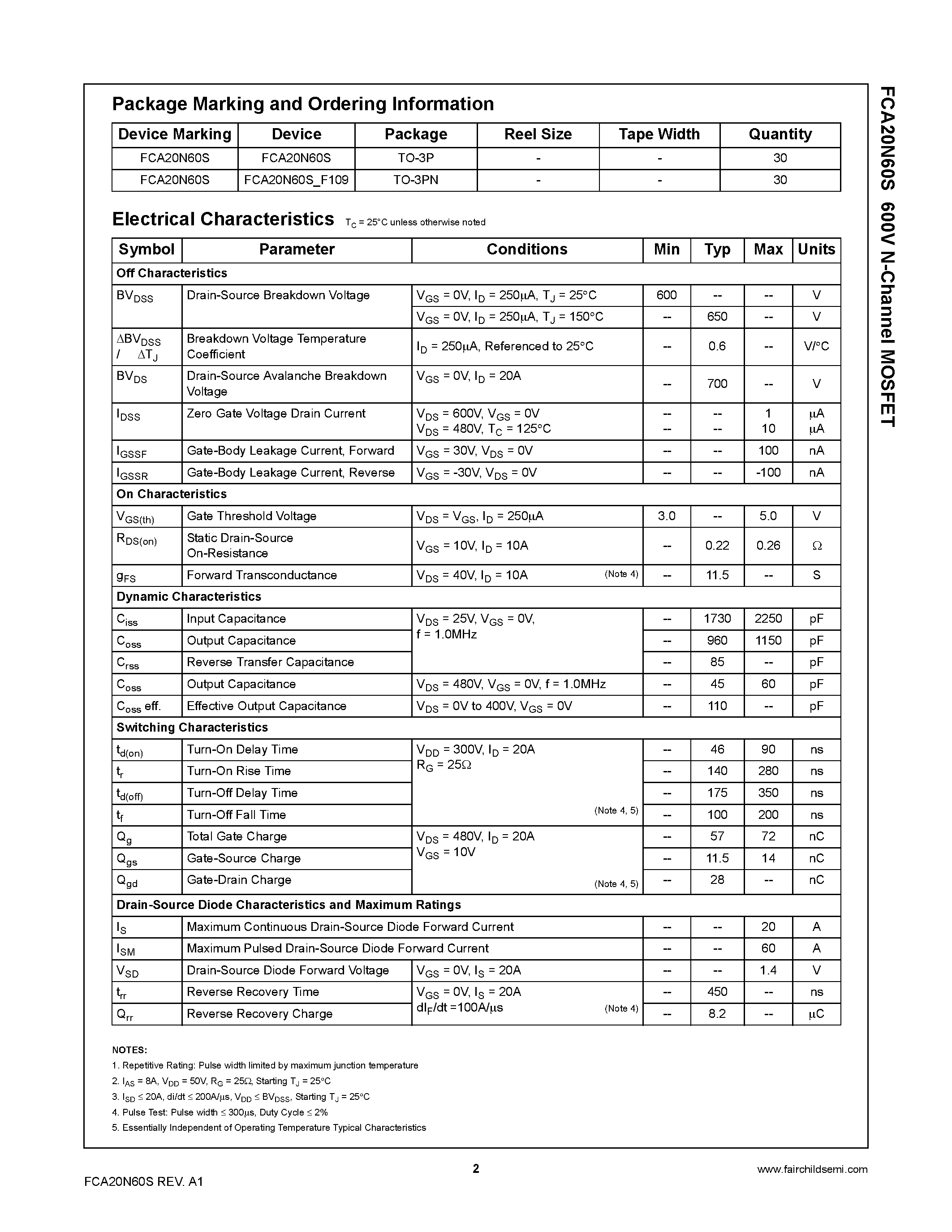 Datasheet FCA20N60S - N-Channel MOSFET page 2