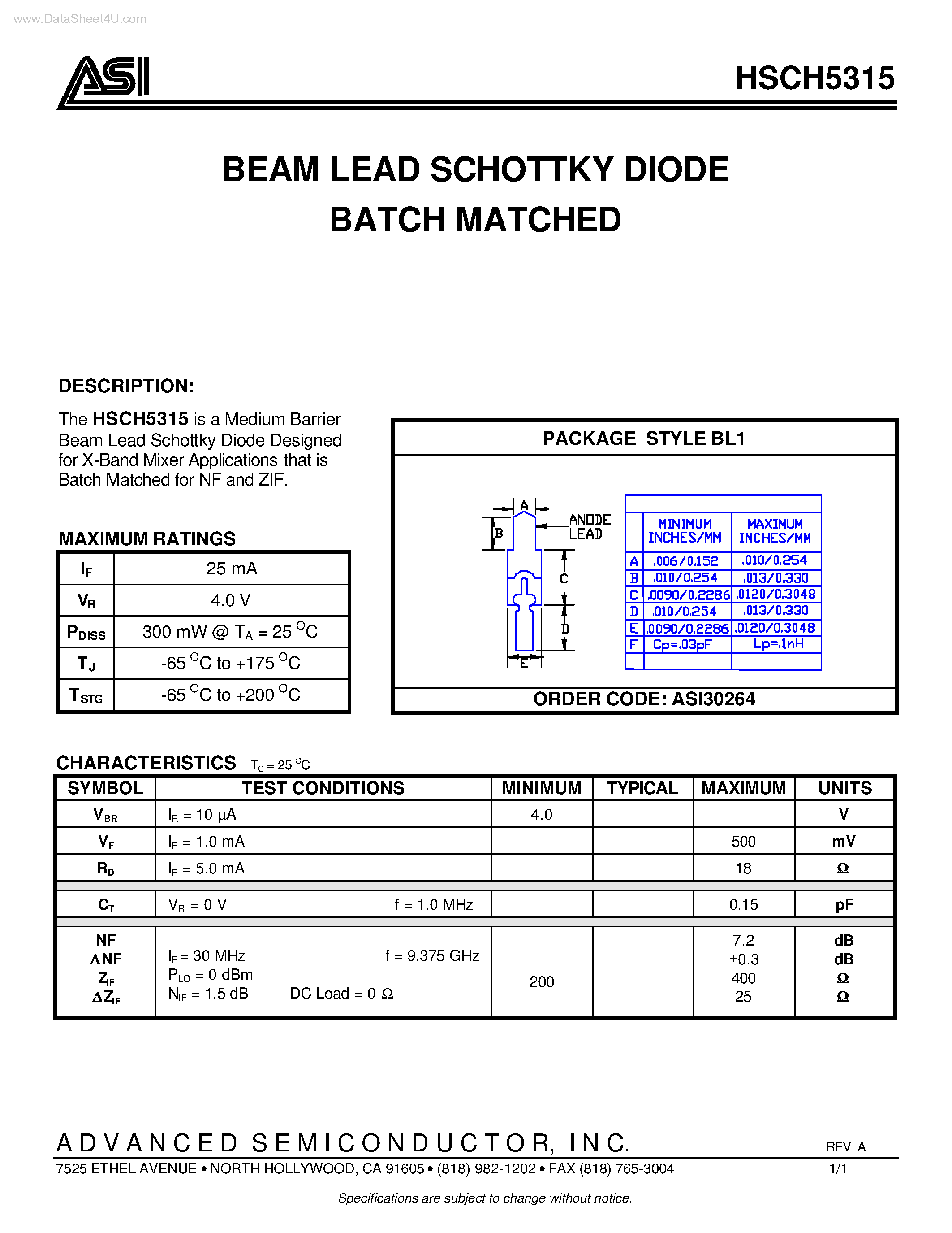 Datasheet HSCH-5315 - BATCH MATCHED BEAM LEAD SCHOTTKY DIODE page 1