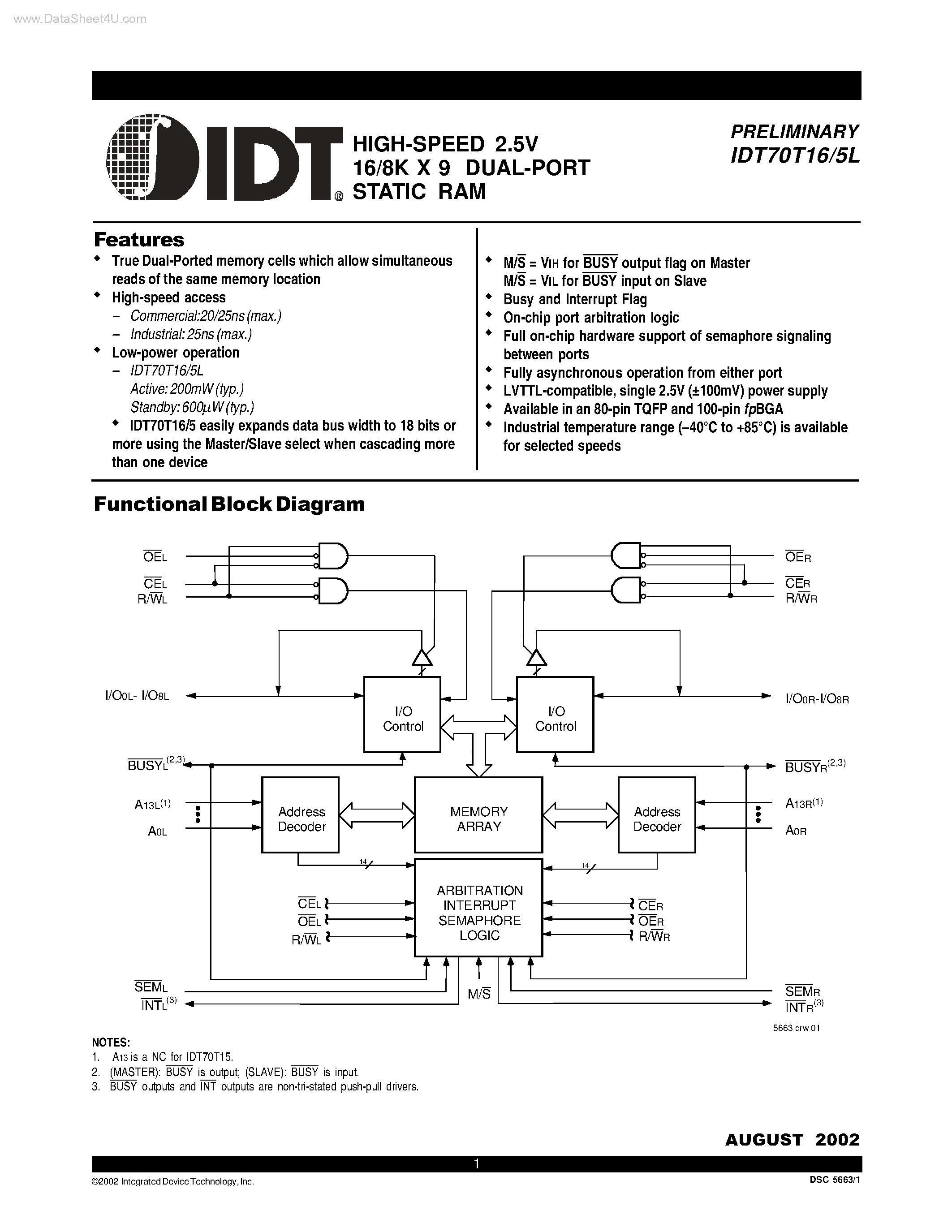 Datasheet IDT70T15 - (IDT70T15 / IDT70T16) HIGH-SPEED 2.5V 16/8K X 9 DUAL-PORT STATIC RAM page 1