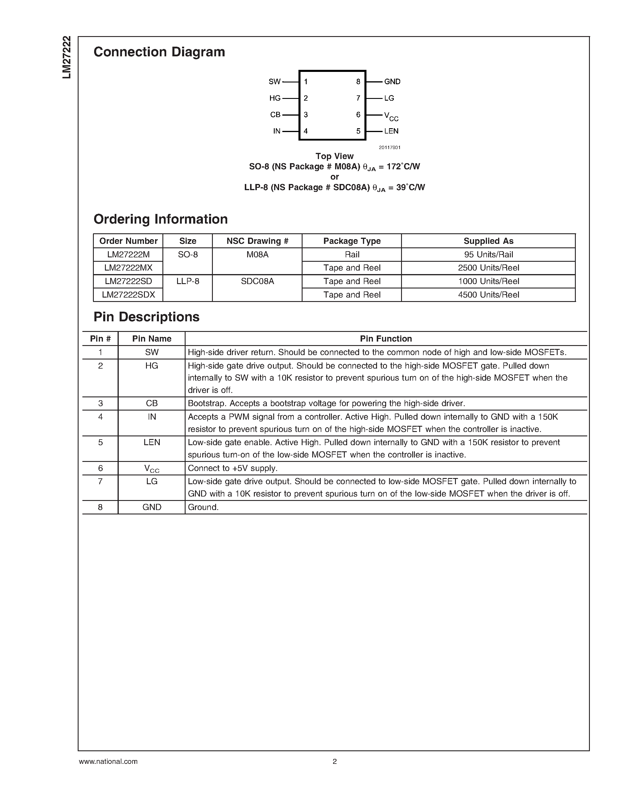 Datasheet LM27222 - High-Speed 4.5A Synchronous MOSFET Driver page 2