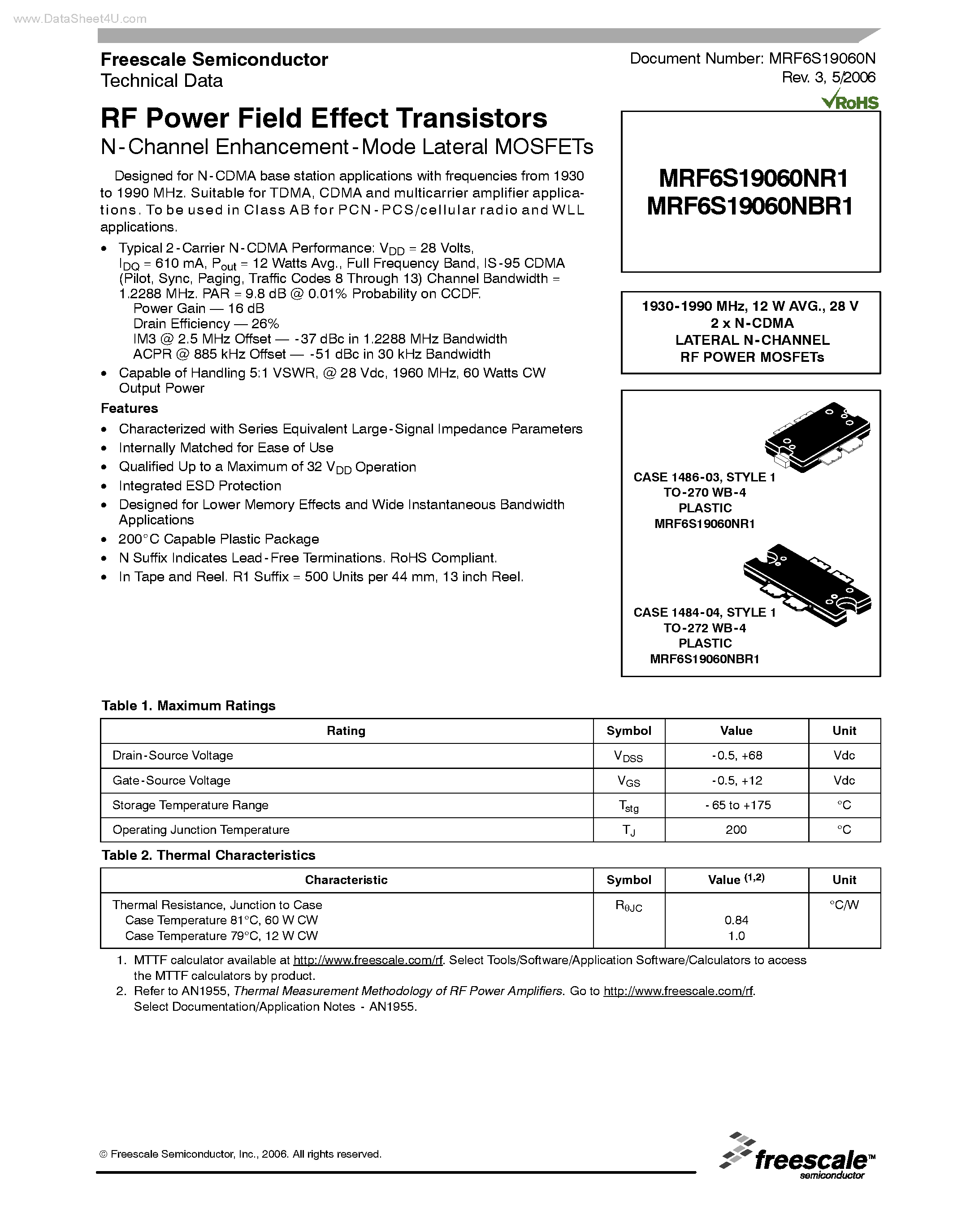 Datasheet MRF6S19060NBR1 page 1 Datasheet MRF6S19060NBR1 - RF Power Field Effect Transistors page 1