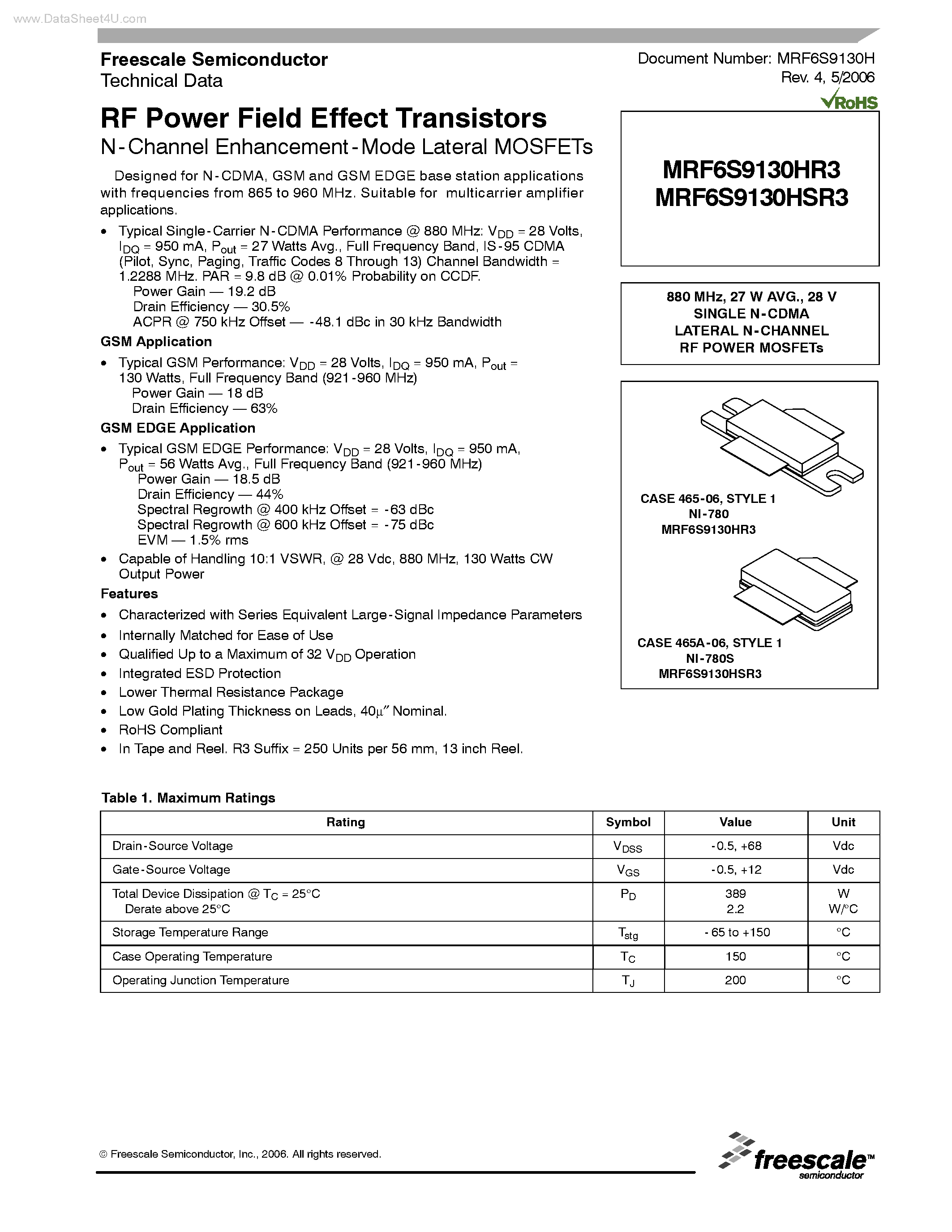 Datasheet MRF6S9130HR3 - RF Power Field Effect Transistors page 1