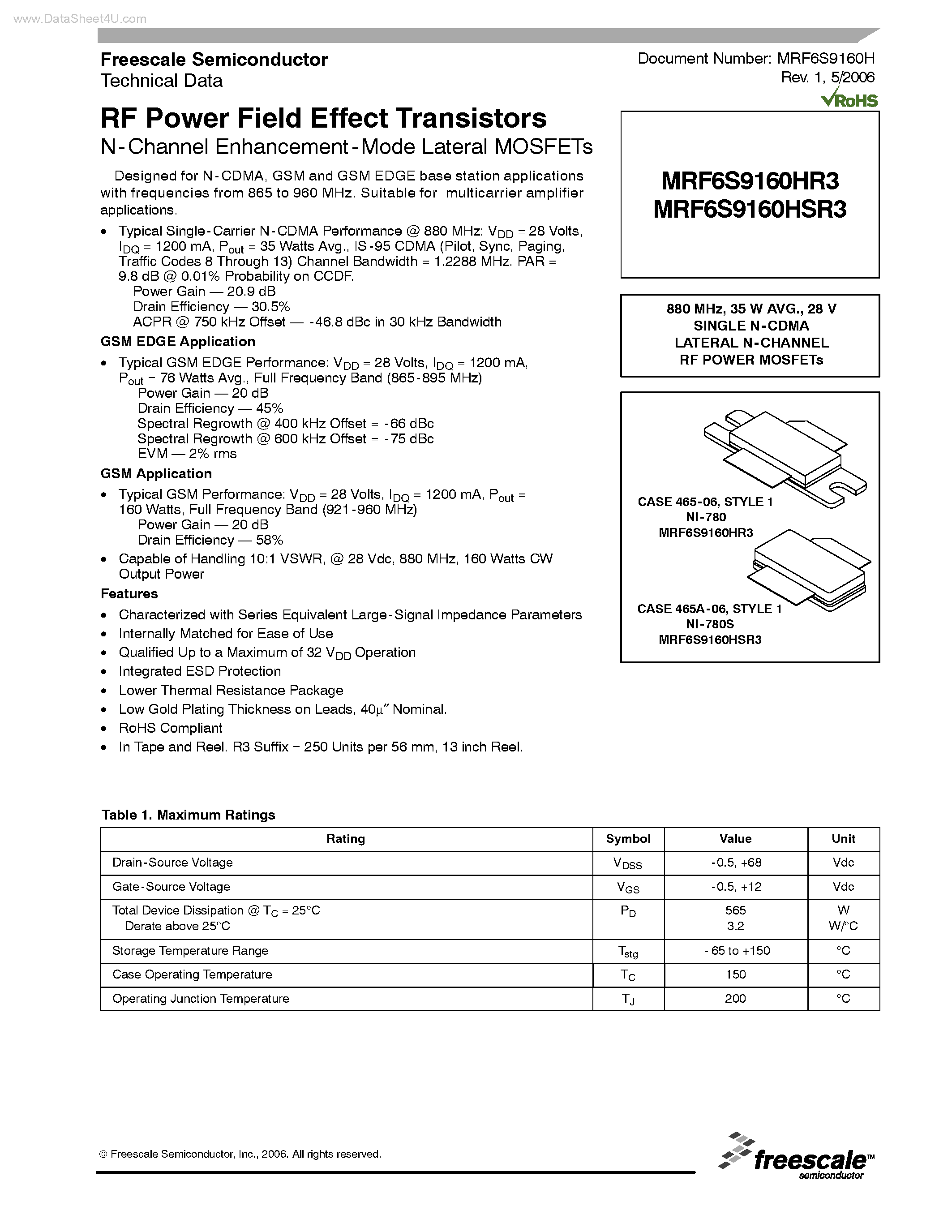 Datasheet MRF6S9160HR3 - RF Power Field Effect Transistors page 1