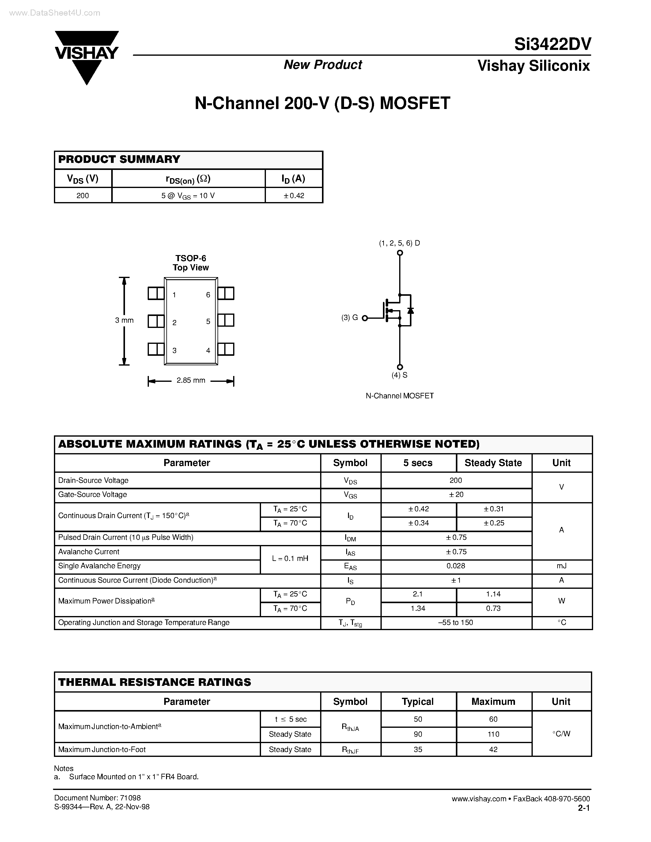 Даташит SI3422DV - N-Channel MOSFET страница 1