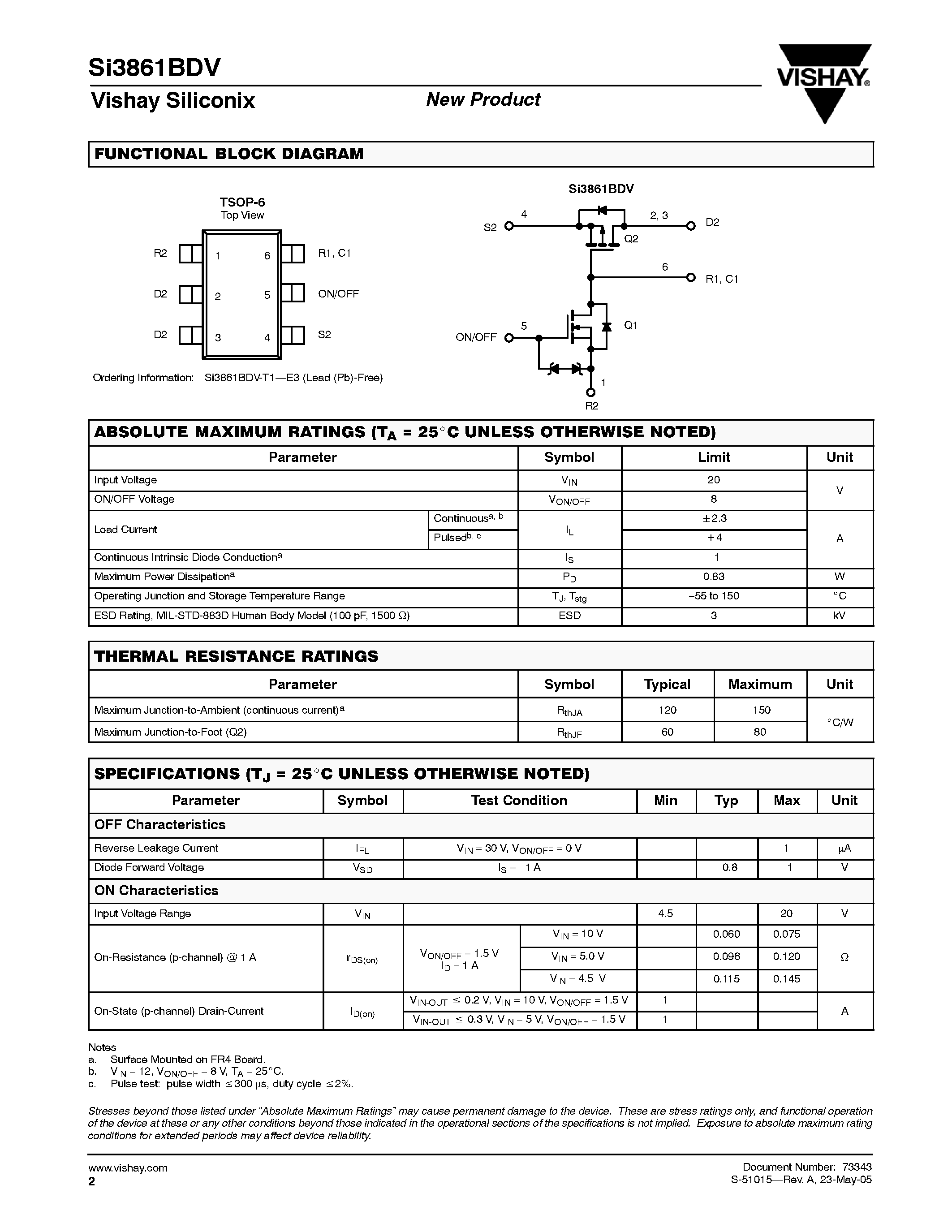 Datasheet SI3861BDV page 2 Datasheet SI3861BDV - Load Switch page 2