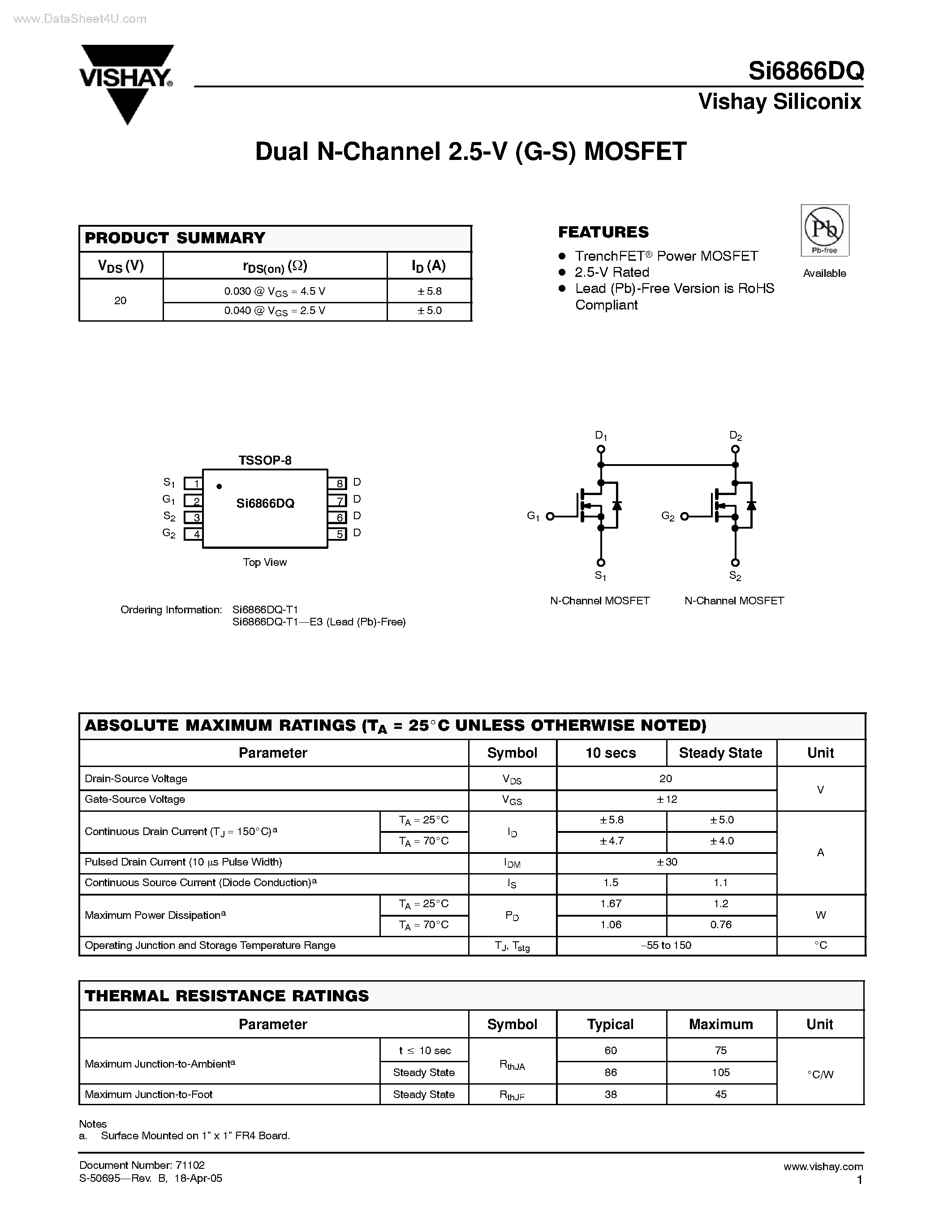Datasheet SI6866DQ page 1 Datasheet SI6866DQ - Dual N-Channel MOSFET page 1