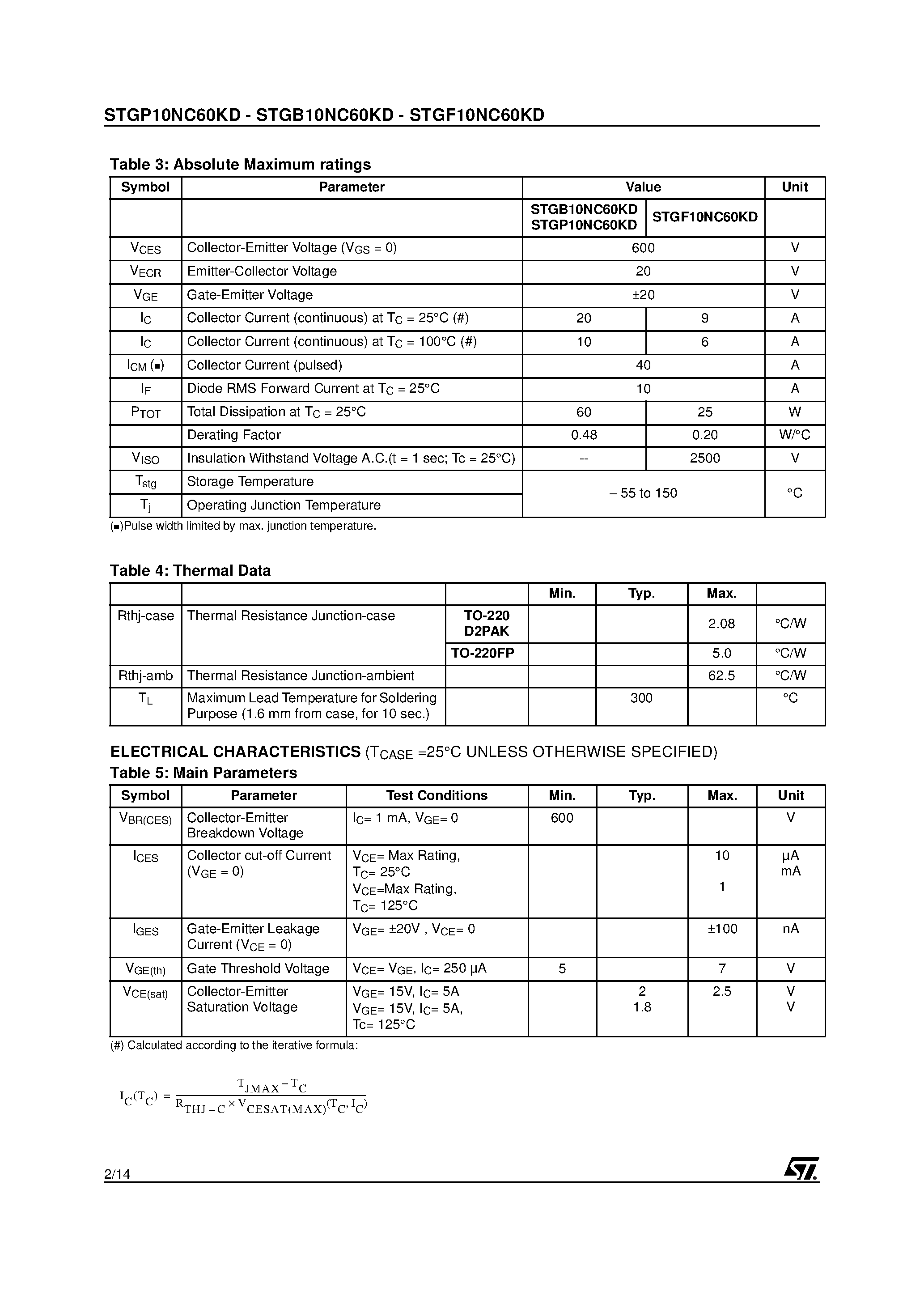 Datasheet STGB10NC60KD - (STGx10NC60KD) N-CHANNEL PowerMESH IGBT page 2