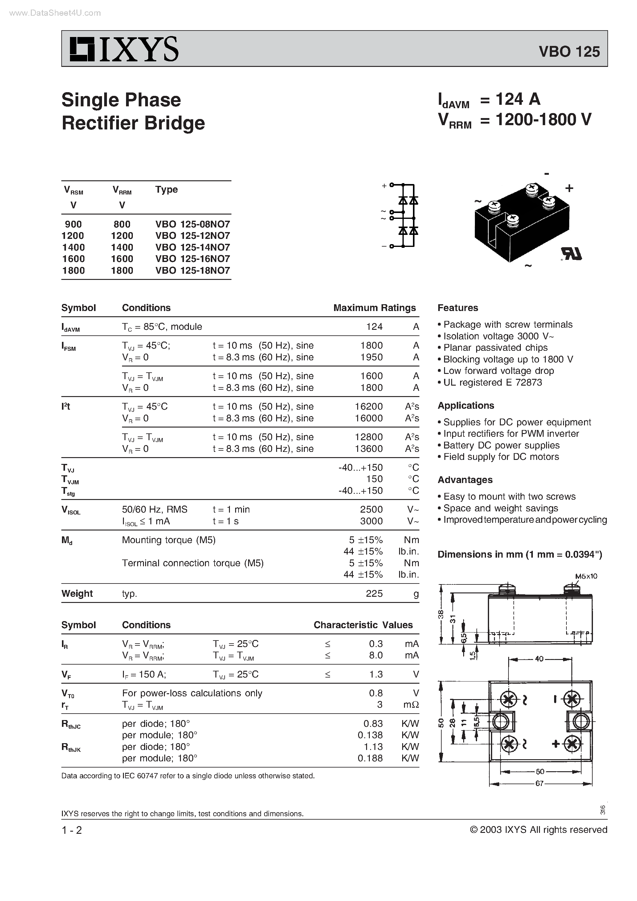 Datasheet VBO125 page 1 Datasheet VBO125 - Single Phase Rectifier Bridge page 1