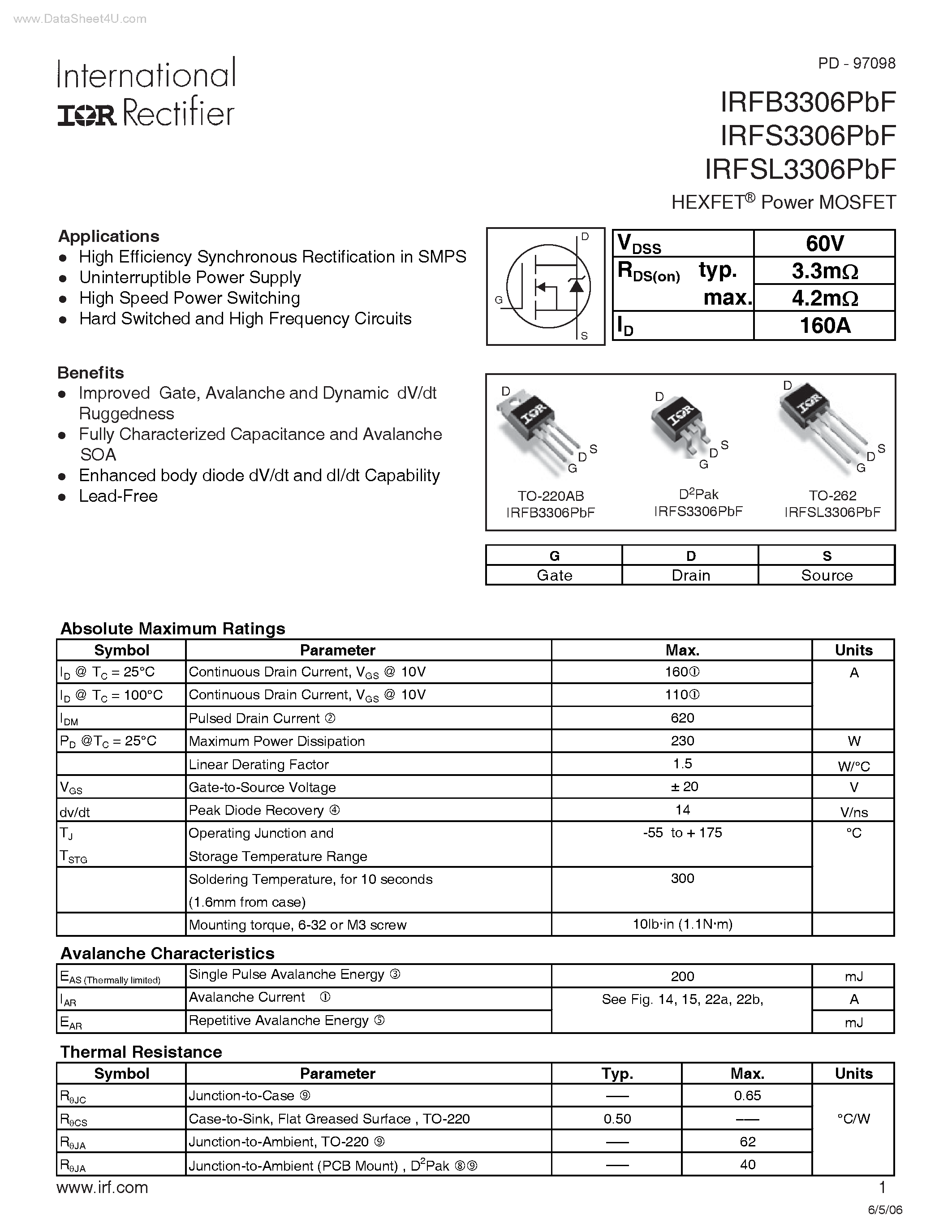Datasheet IRFB3306PBF page 1 Datasheet IRFB3306PBF - (IRFx3306PBF) High Efficiency Synchronous Rectification page 1
