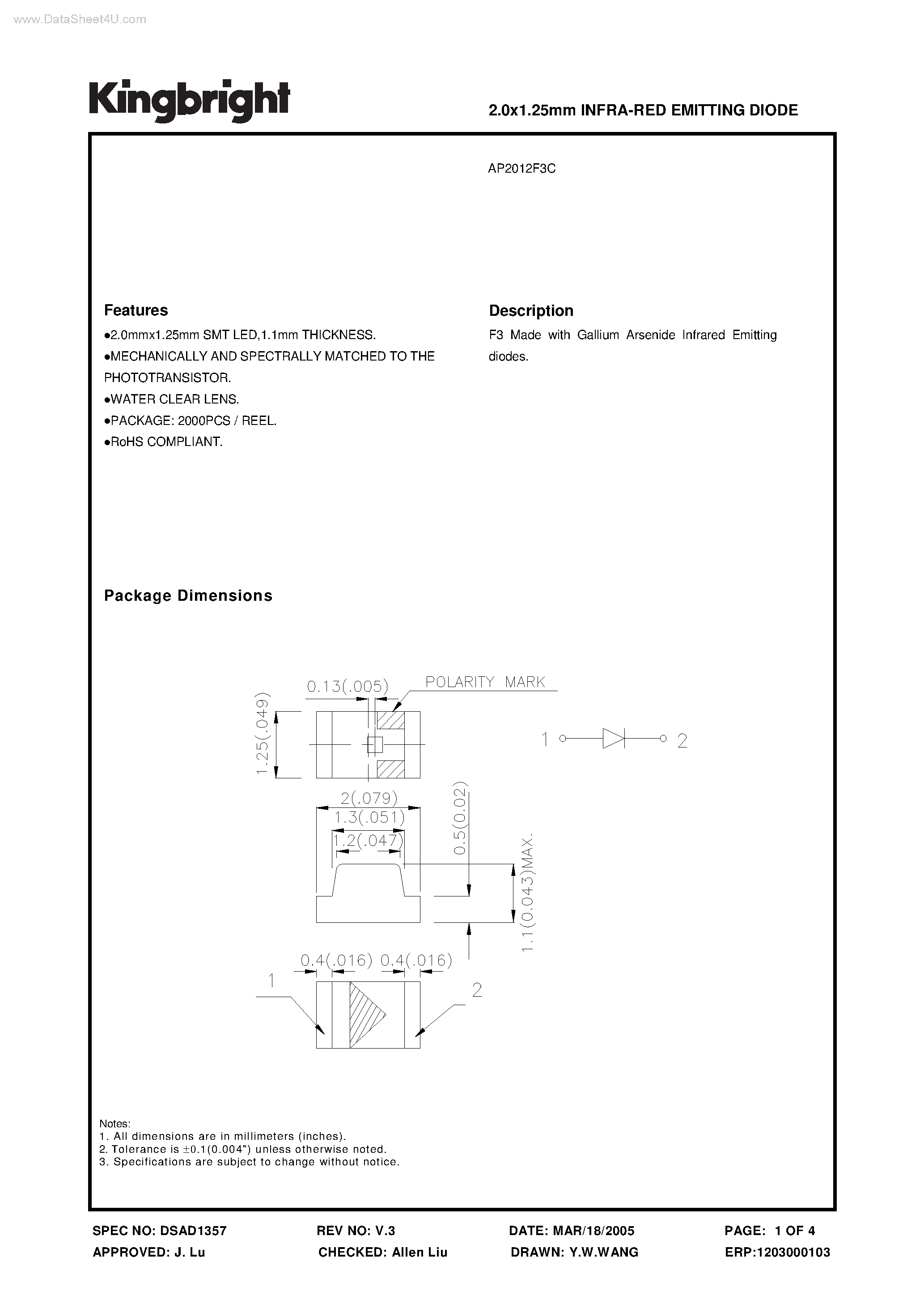 Datasheet AP2012F3C page 1 Datasheet AP2012F3C - INFRA-RED EMITTING DIODE page 1