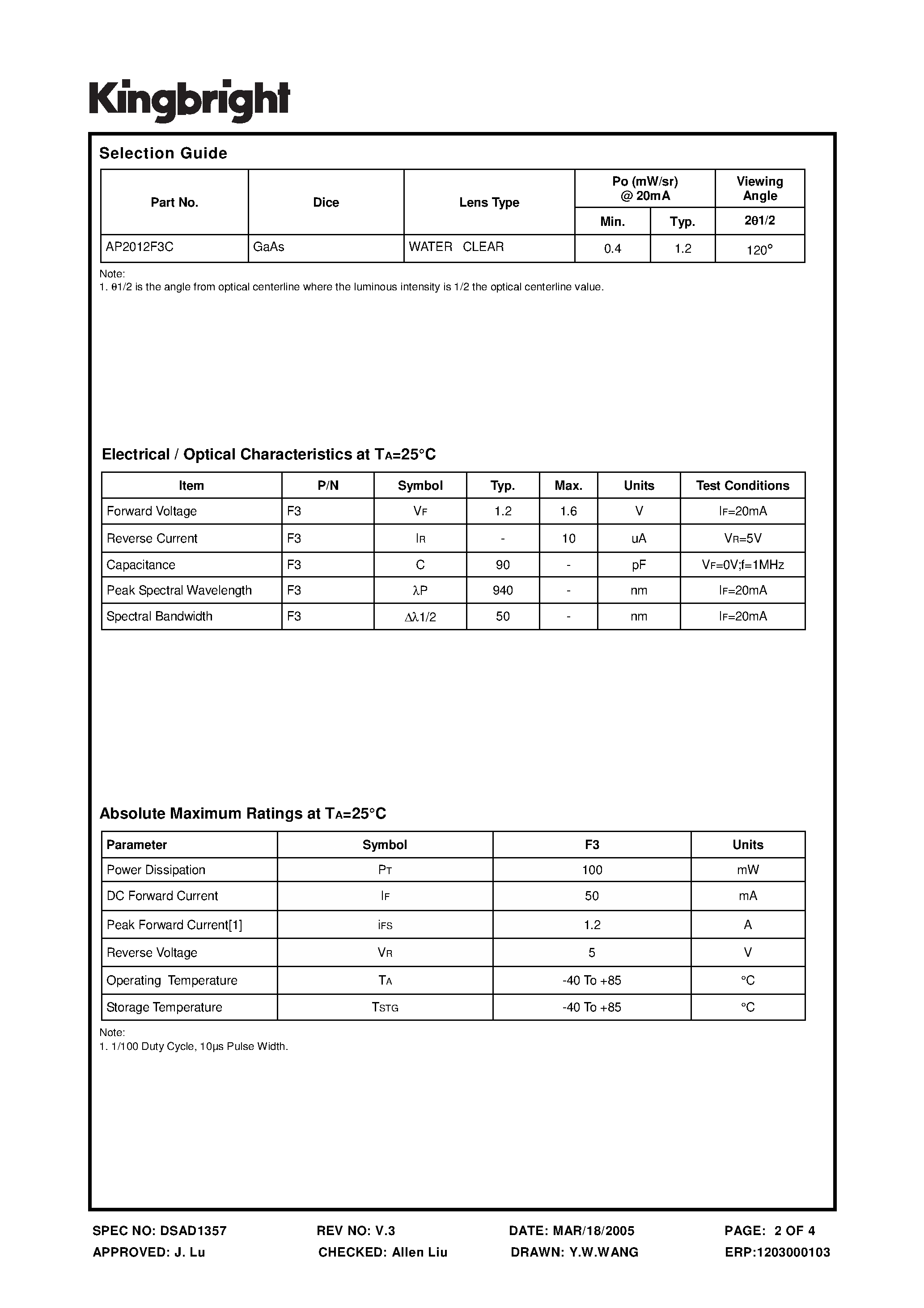 Datasheet AP2012F3C page 2 Datasheet AP2012F3C - INFRA-RED EMITTING DIODE page 2
