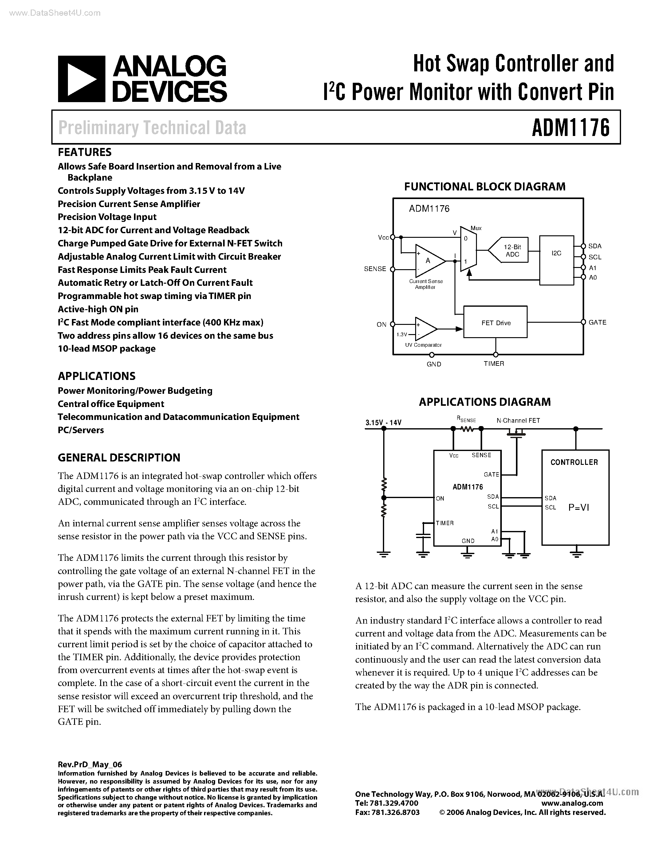 Datasheet ADM1176 page 1 Datasheet ADM1176 - Hot Swap Controller page 1