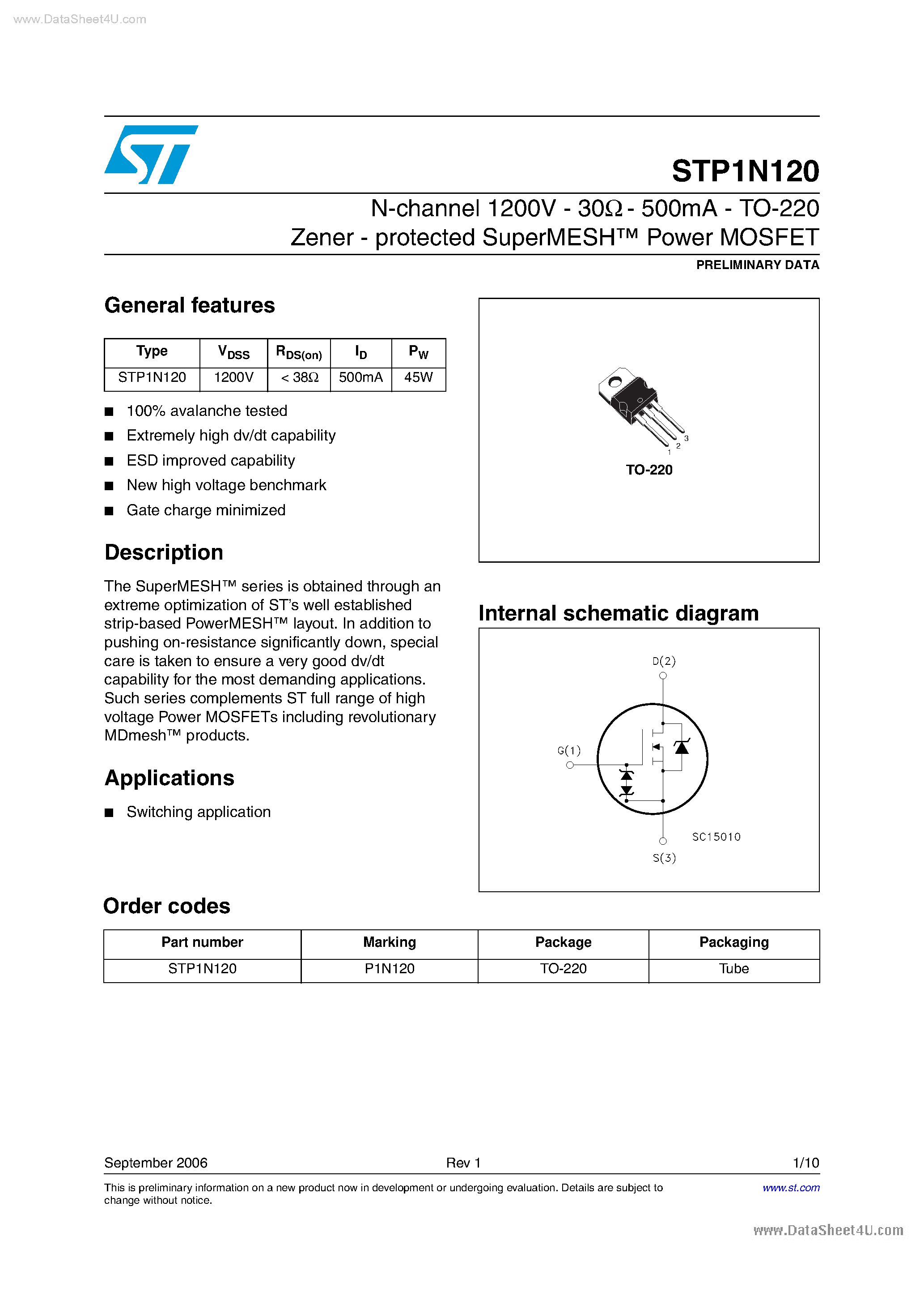 Даташит STP1N120 - N-Channel Power MOSFET страница 1