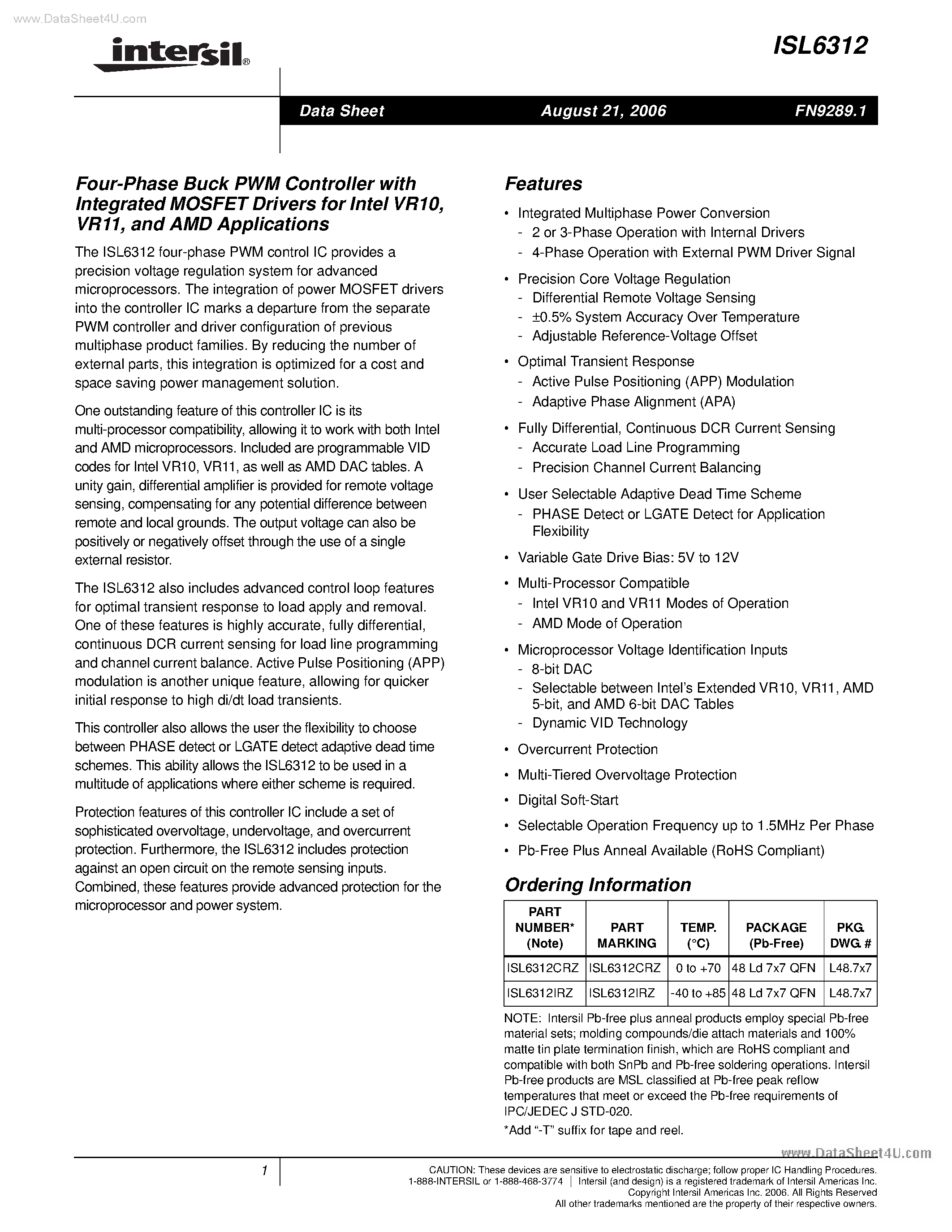 Datasheet ISL6312 page 1 Datasheet ISL6312 - 4-Phase Buck PWM Controller page 1