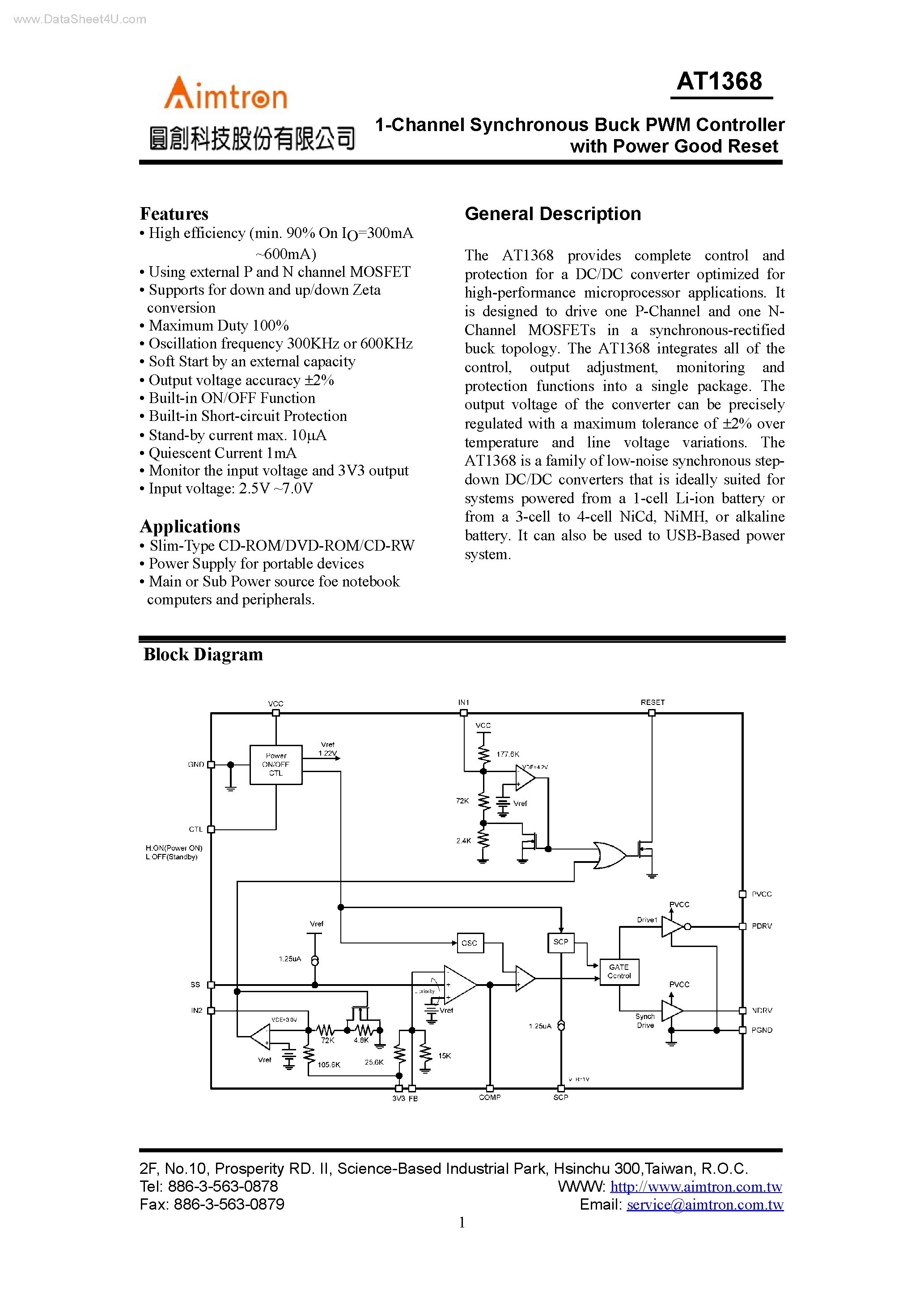 Datasheet AT1368 - 1-Channel Synchronous Buck PWM Controller page 1