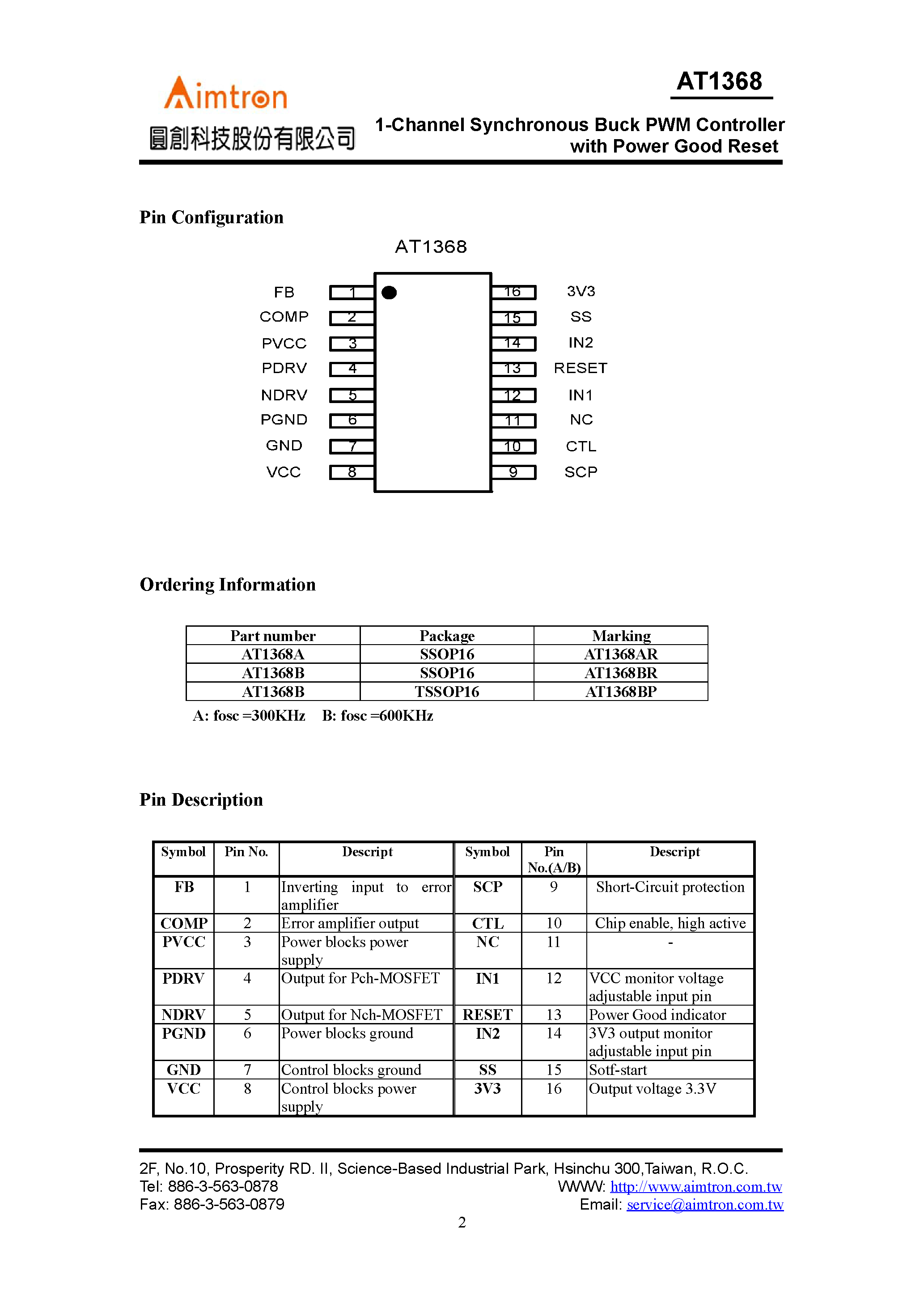 Datasheet AT1368 - 1-Channel Synchronous Buck PWM Controller page 2