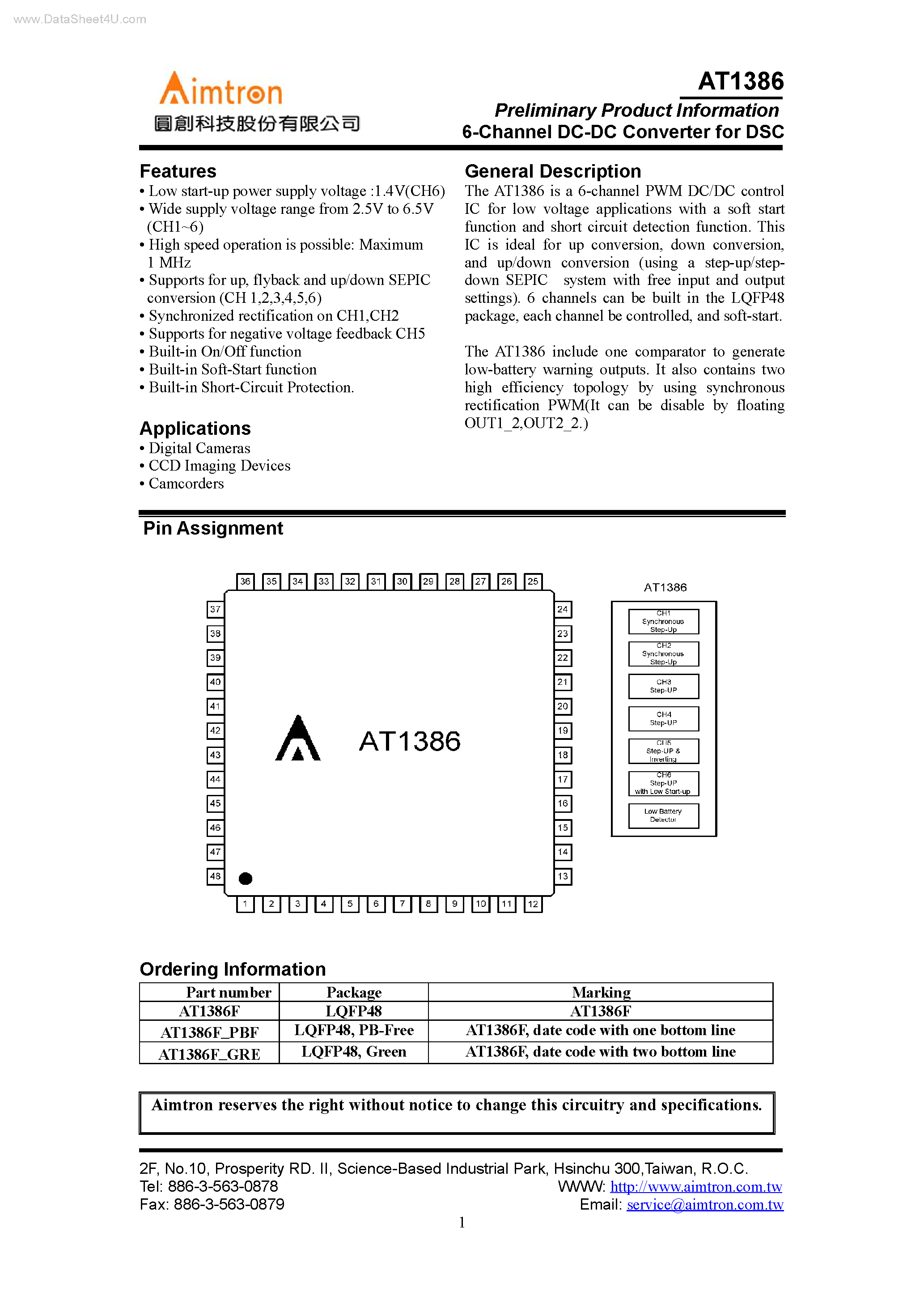 Datasheet AT1386 - 6-Channel DC-DC Converter page 1