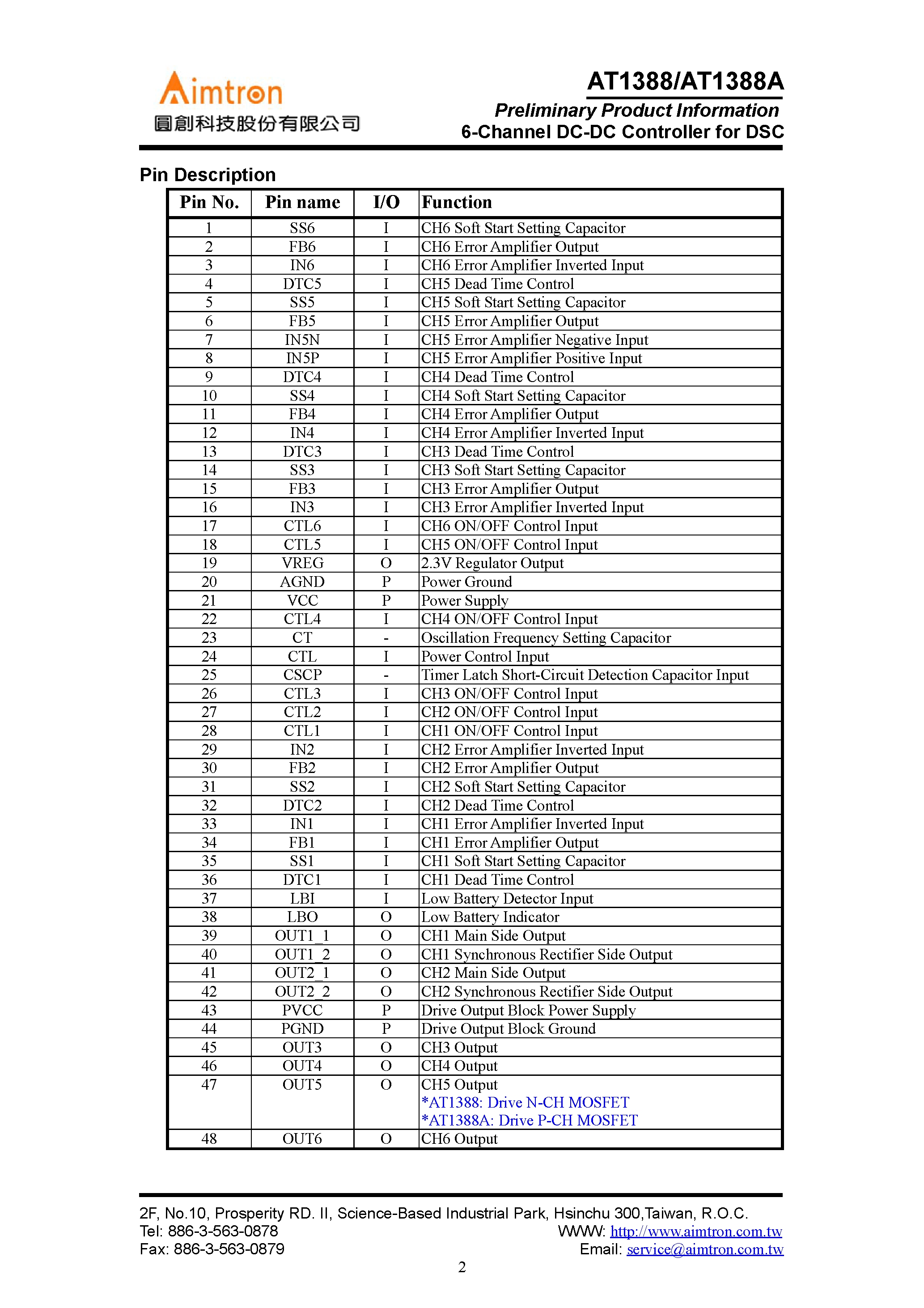 Datasheet AT1388 - 6-Channel DC-DC Controller page 2