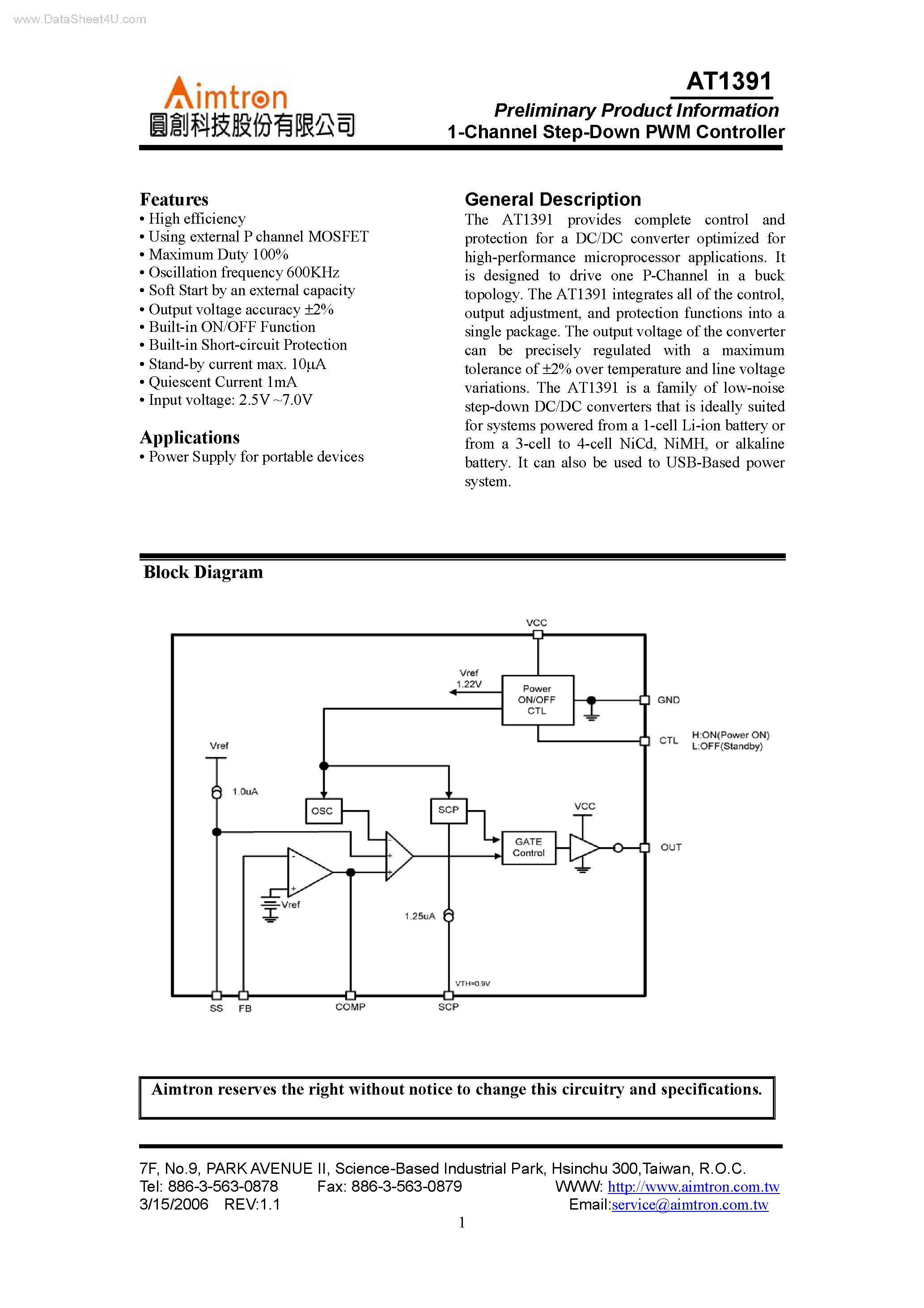 Datasheet AT1391 - 1-Channel Step-Down PWM Controller page 1