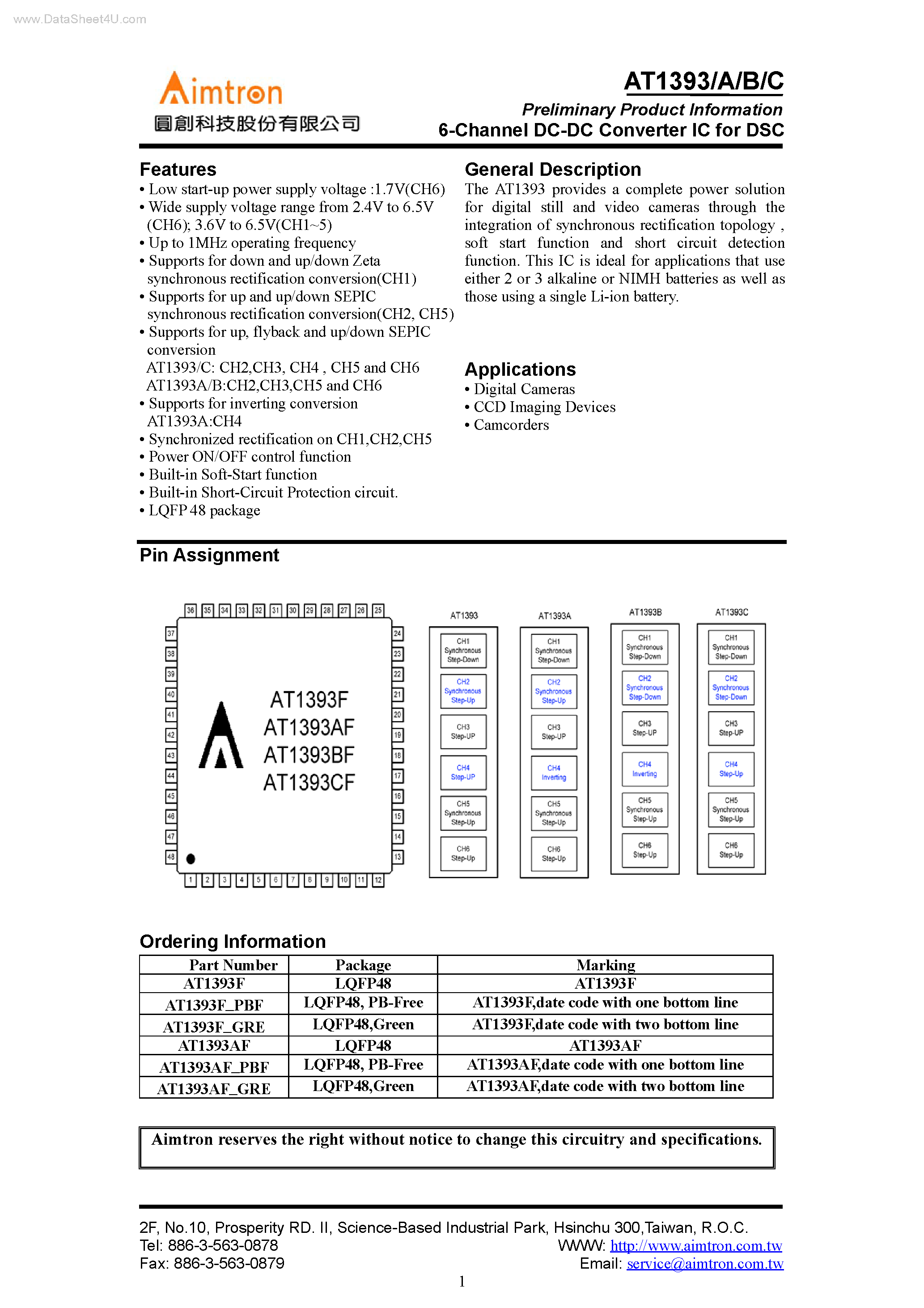 Datasheet AT1393 - 6-Channel DC-DC Converter IC page 1