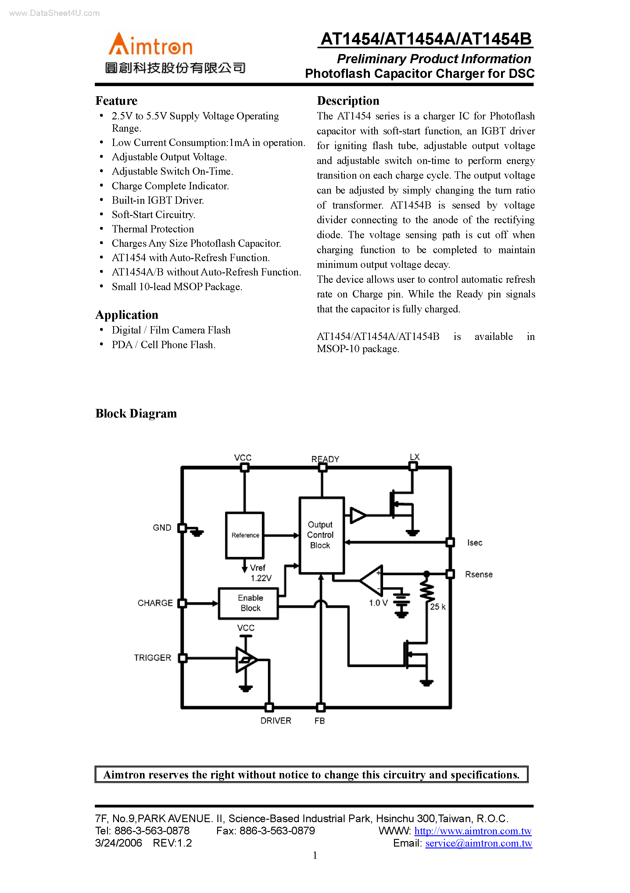 Datasheet AT1454 - Photoflash Capacitor Charger page 1