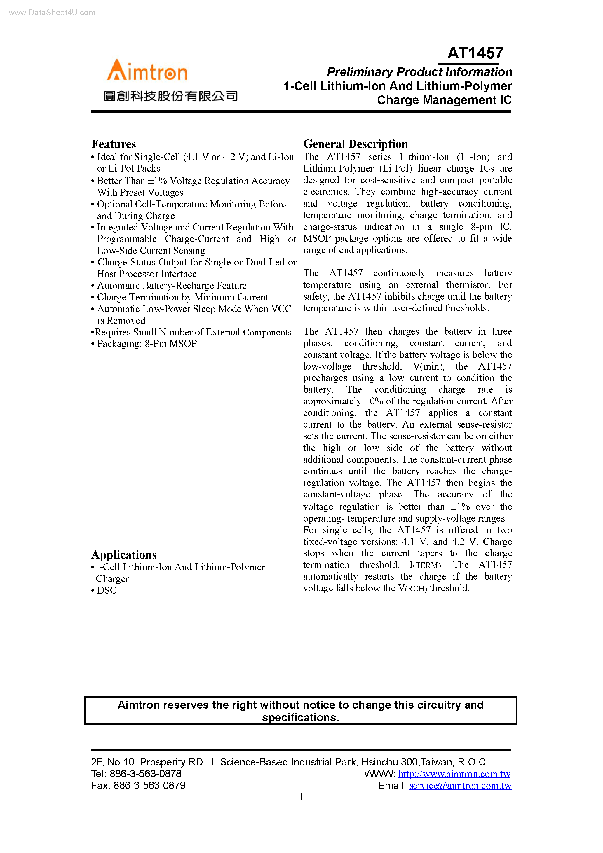 Datasheet AT1457 - 1-CELL LITHIUM AND LITHIUM POLYMER CHARGE MANAGEMENT IC page 1