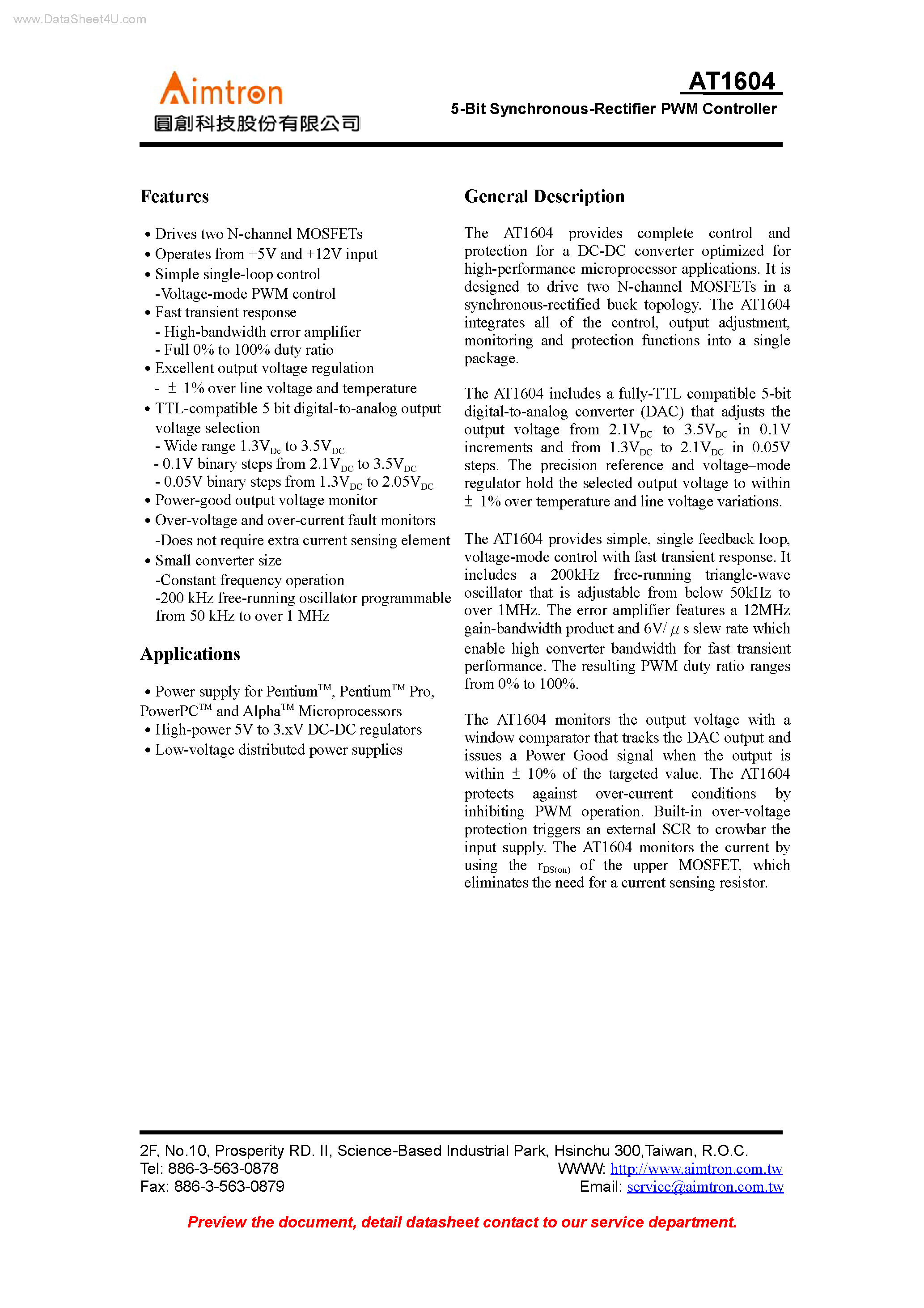 Datasheet AT1604 - 5-Bit Synchronous-Rectifier PWM Controller page 1