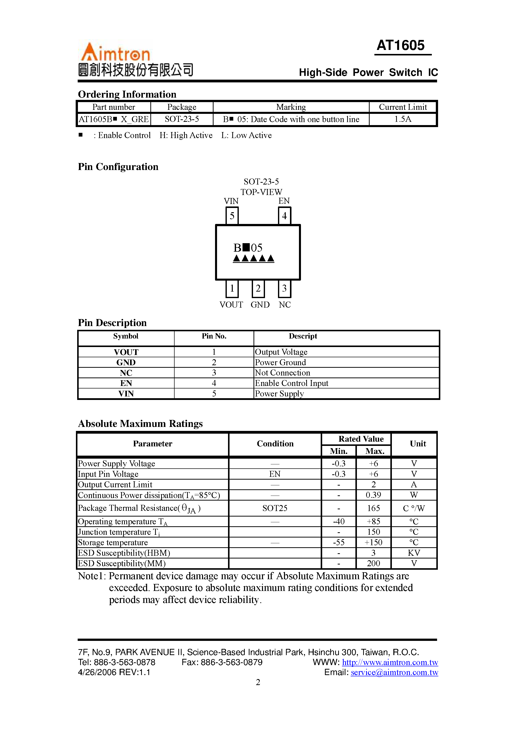 Даташит AT1605 - High-Side Power Switch IC страница 2