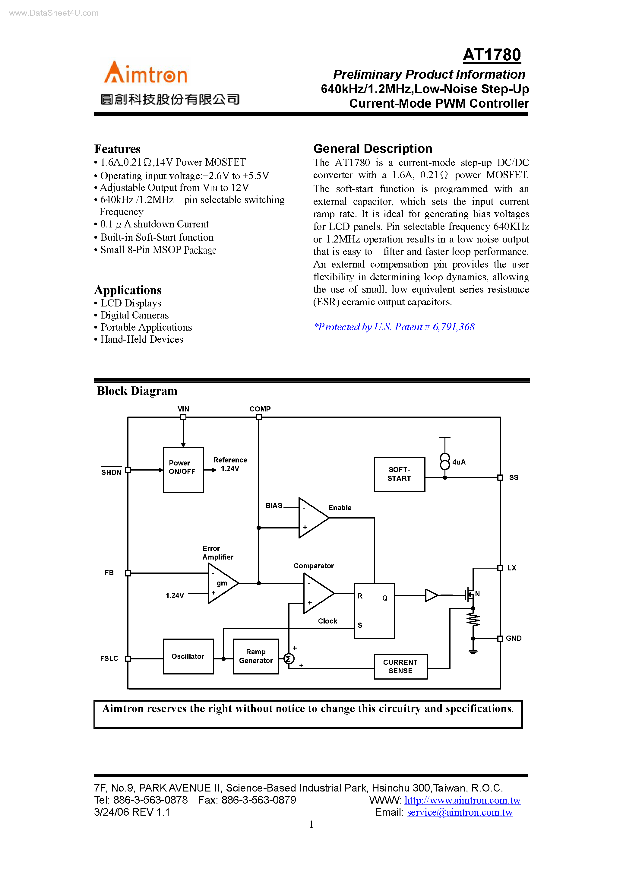 Даташит на микросхему AT1780 страница 1 Даташит AT1780 - Low-Noise Step-Up Current-Mode PWM Controller страница 1