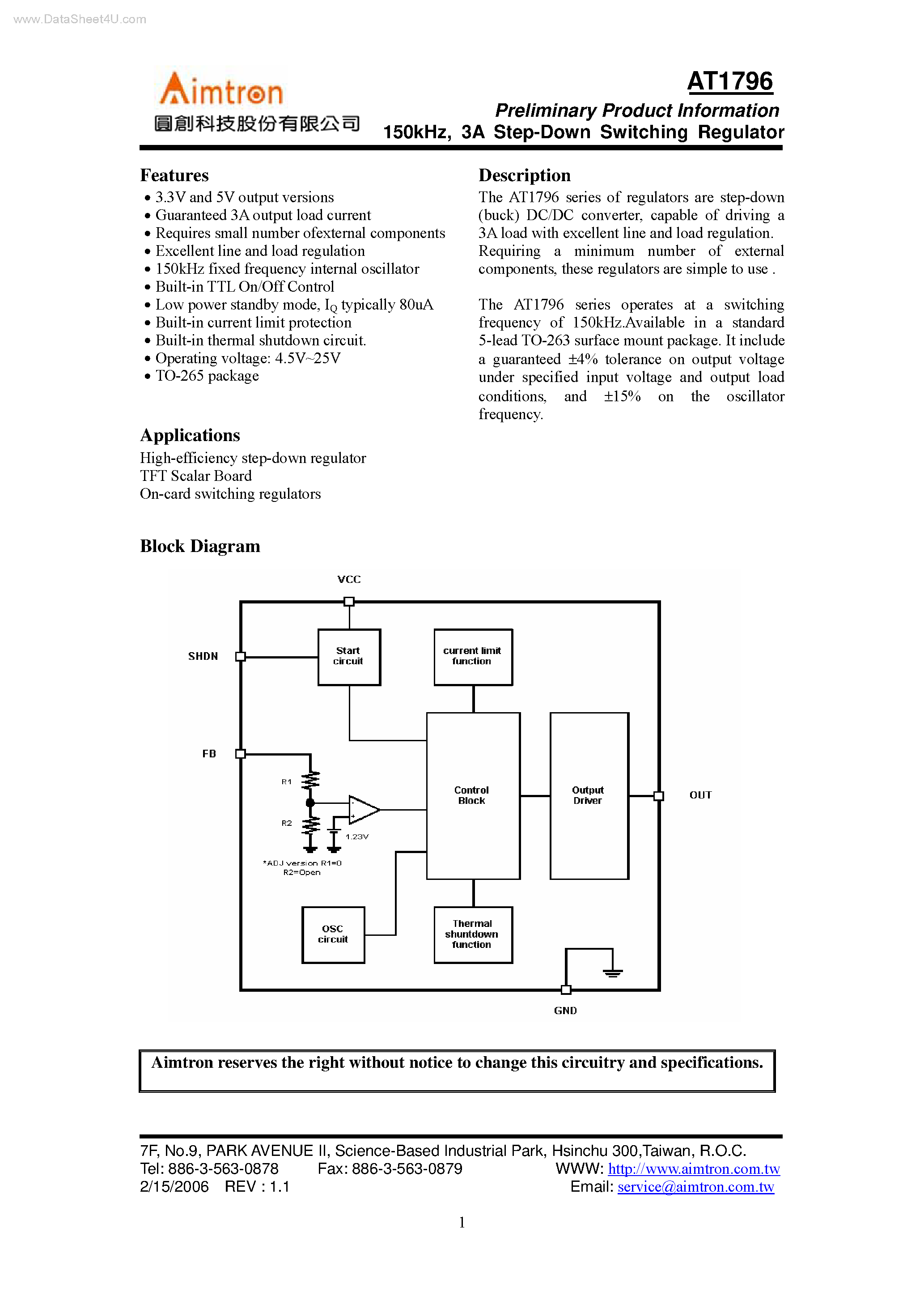 Даташит на микросхему AT1796 страница 1 Даташит AT1796 - Step-Down Switching Regulator страница 1