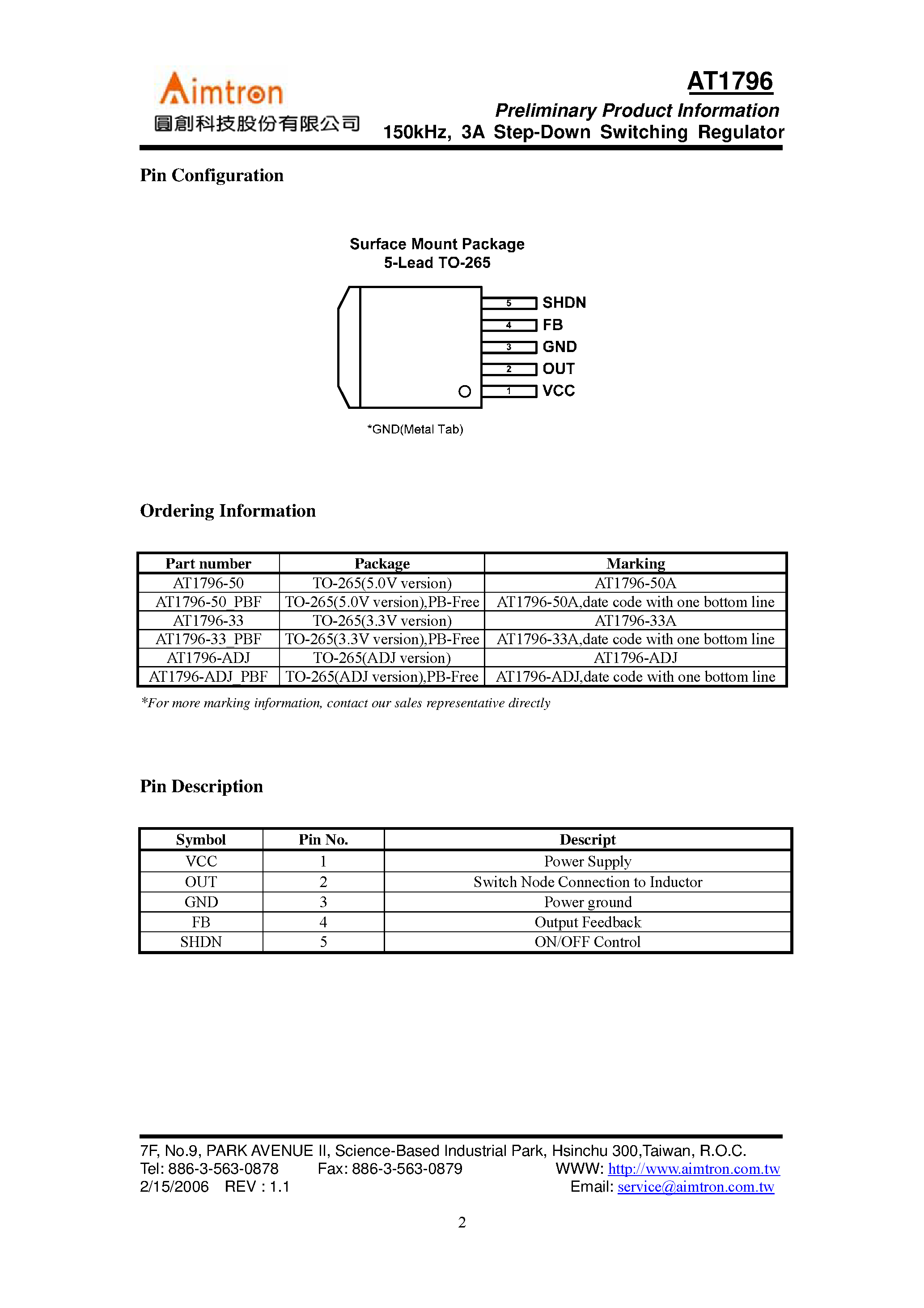 Даташит на микросхему AT1796 страница 2 Даташит AT1796 - Step-Down Switching Regulator страница 2