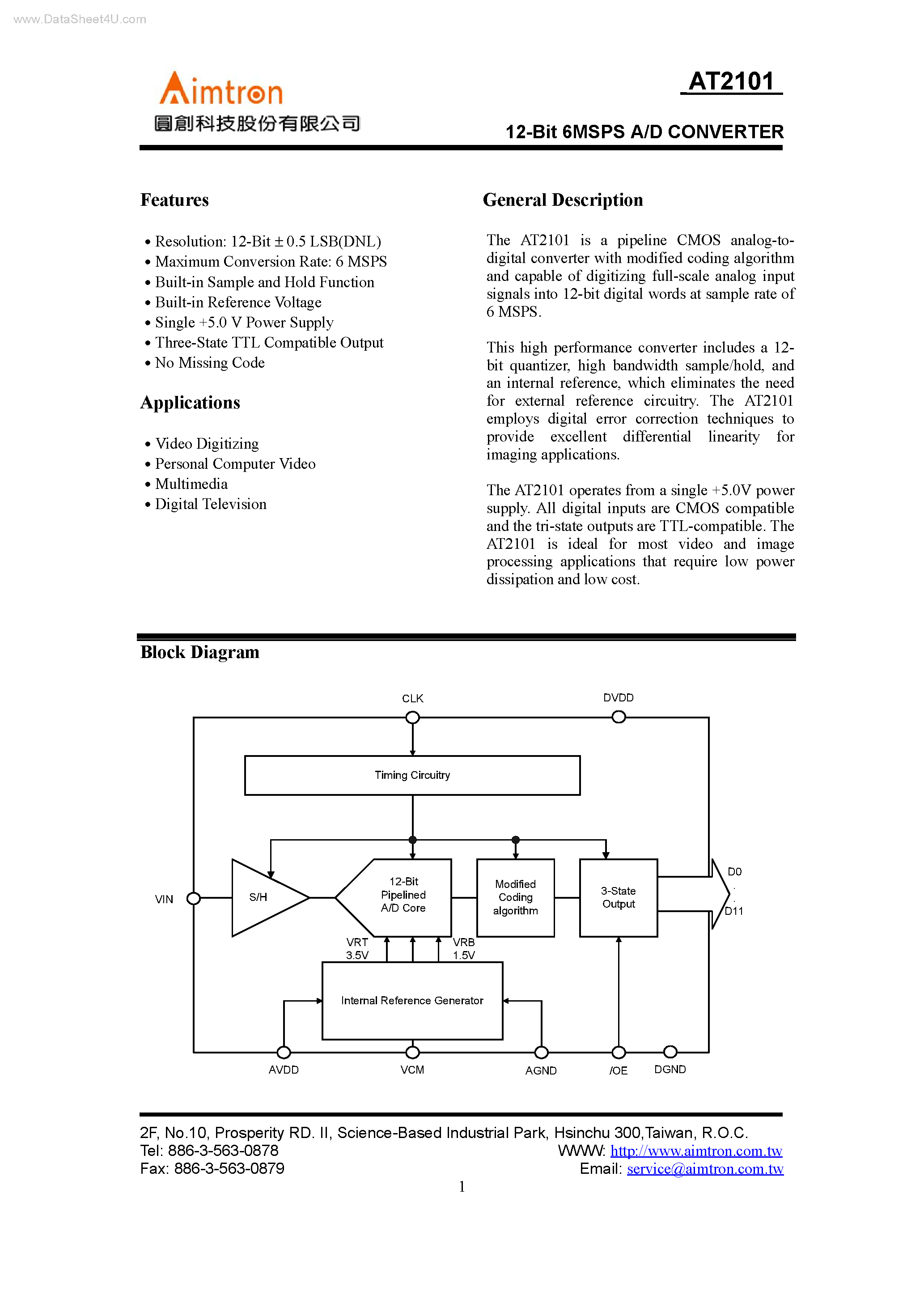 Даташит на микросхему AT2101 страница 1 Даташит AT2101 - 12-Bit 6MSPS A/D CONVERTER страница 1