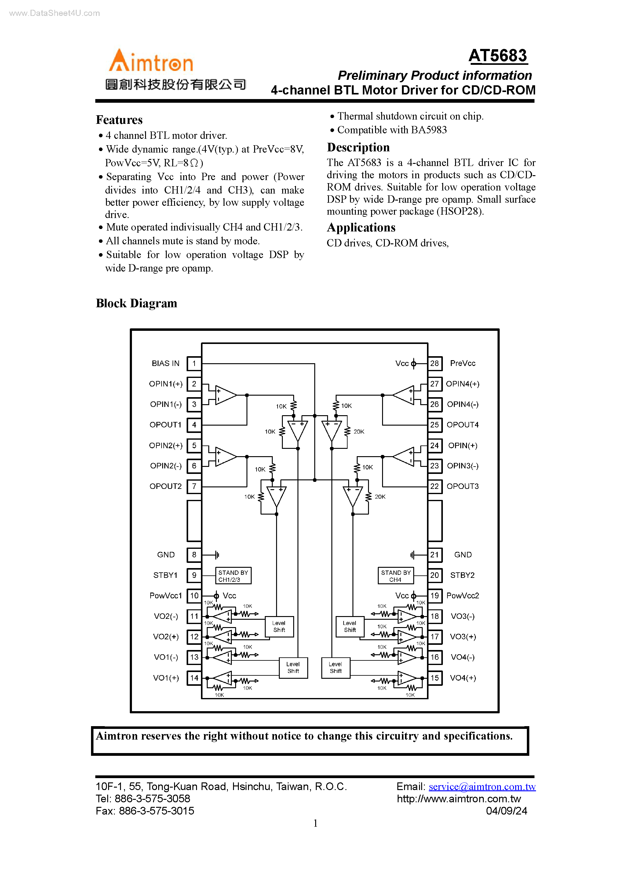 Datasheet AT5683 - 4-channel BTL Motor Driver page 1