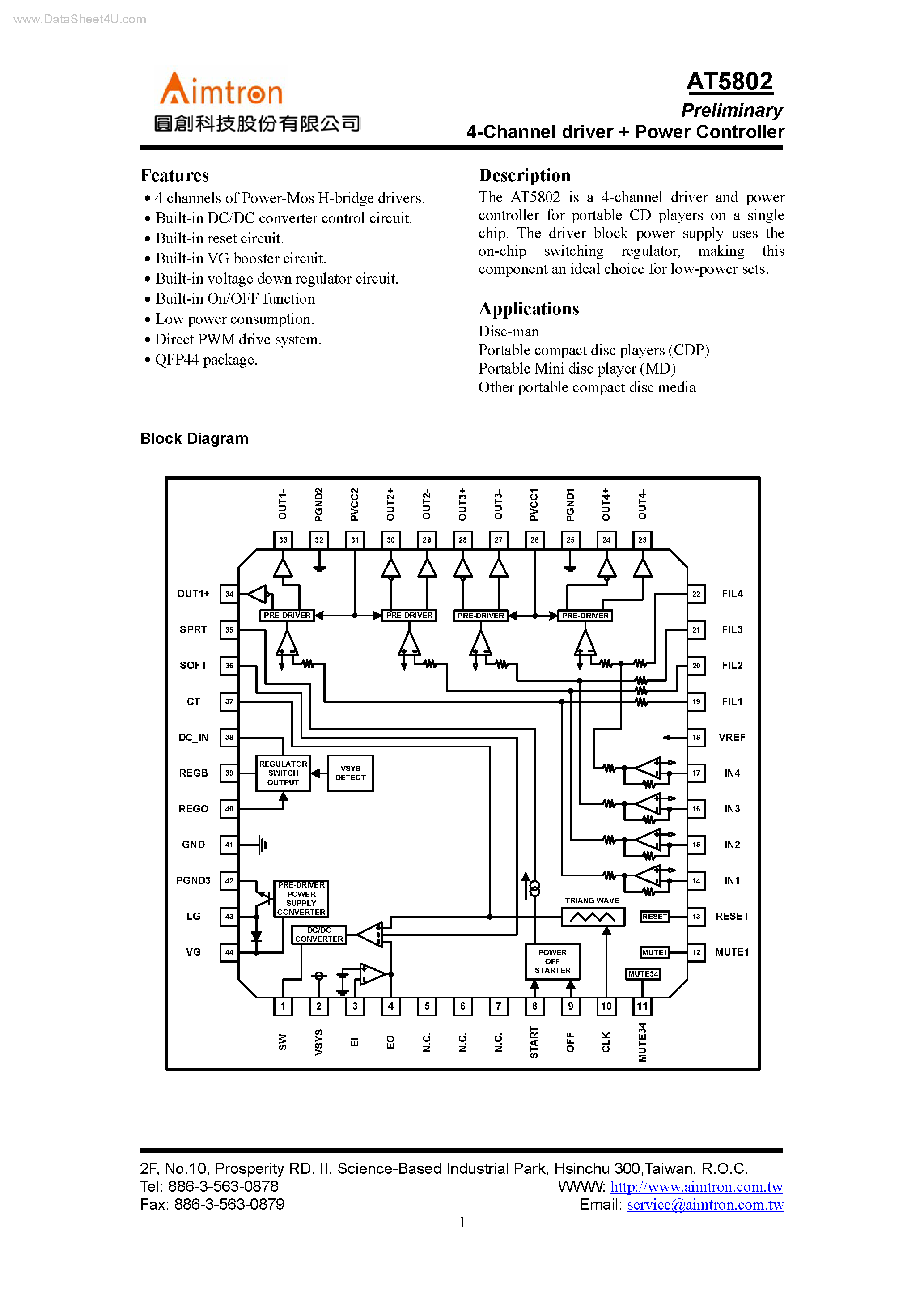 Datasheet AT5802 - Preliminary 4-Channel driver + Power Controller page 1