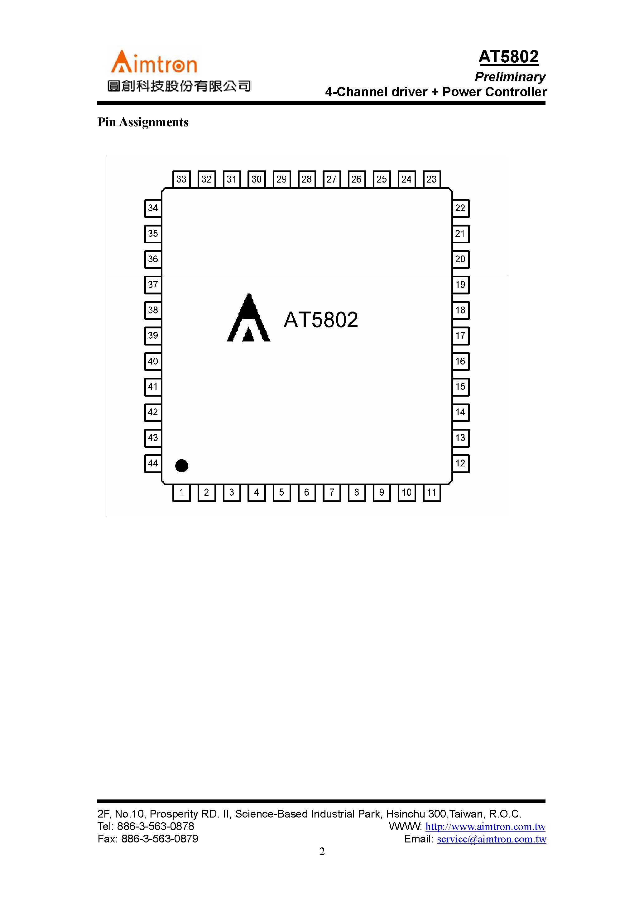 Datasheet AT5802 - Preliminary 4-Channel driver + Power Controller page 2