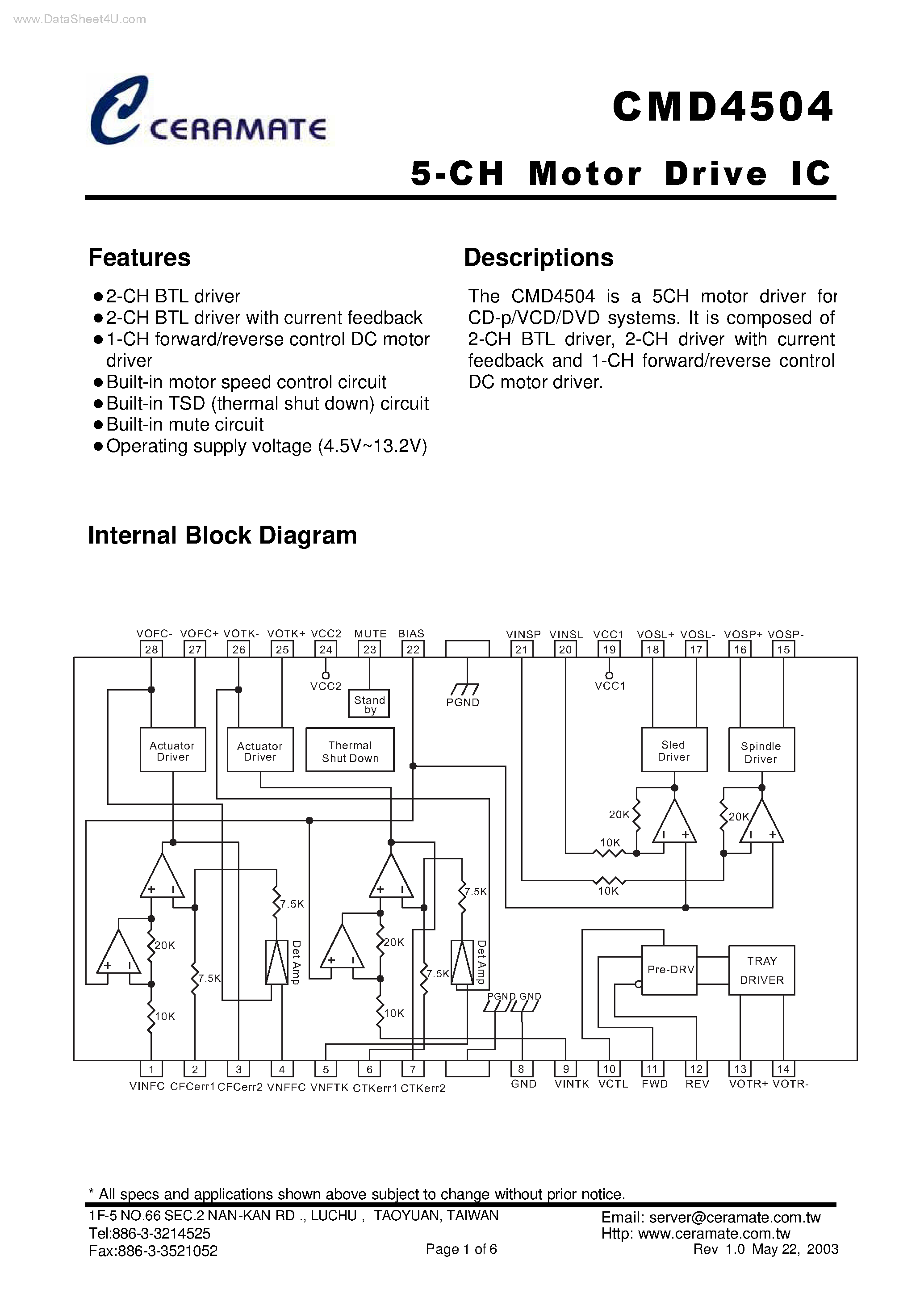 Datasheet CMD4504 - 5-CH Motor Drive IC page 1