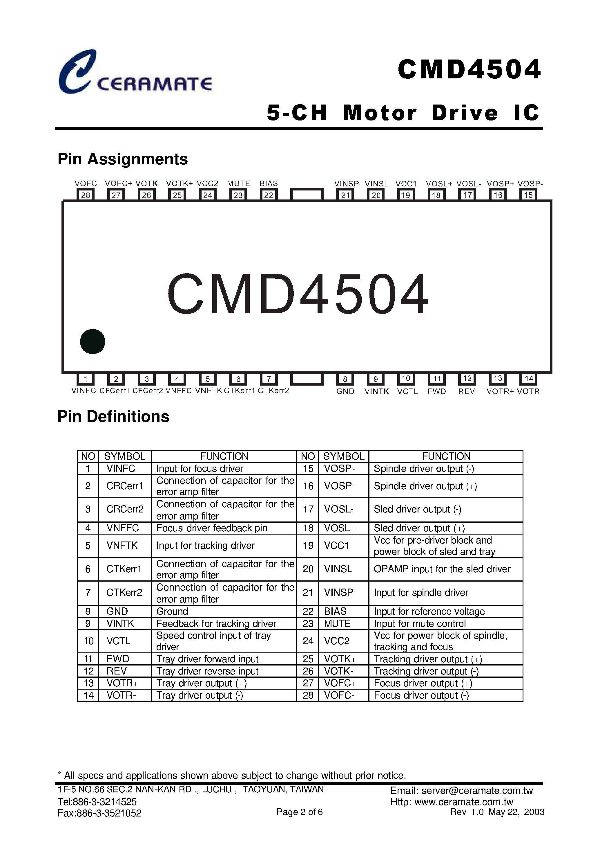 Datasheet CMD4504 - 5-CH Motor Drive IC page 2