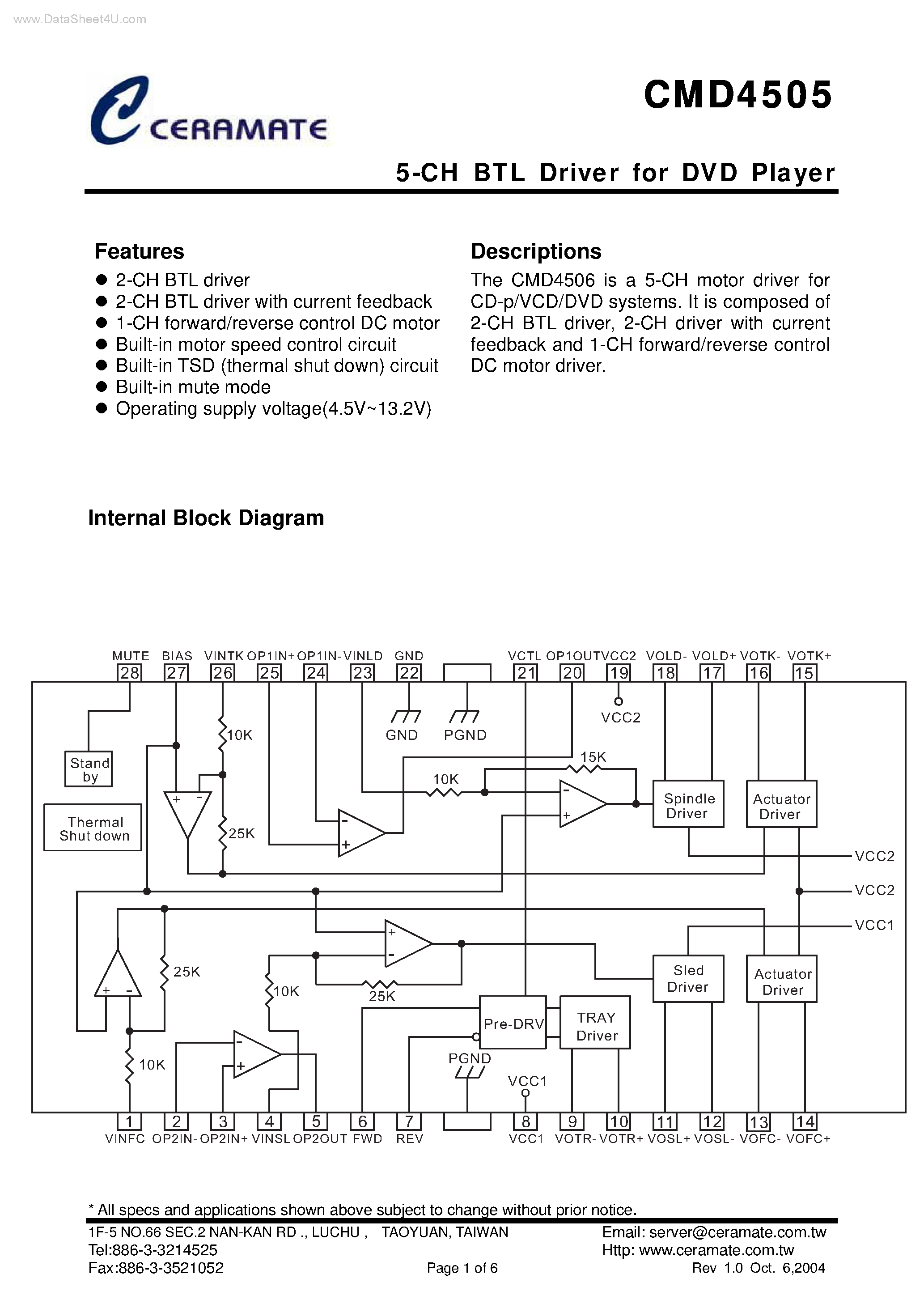 Datasheet CMD4505 - 5-CH BTL Driver page 1